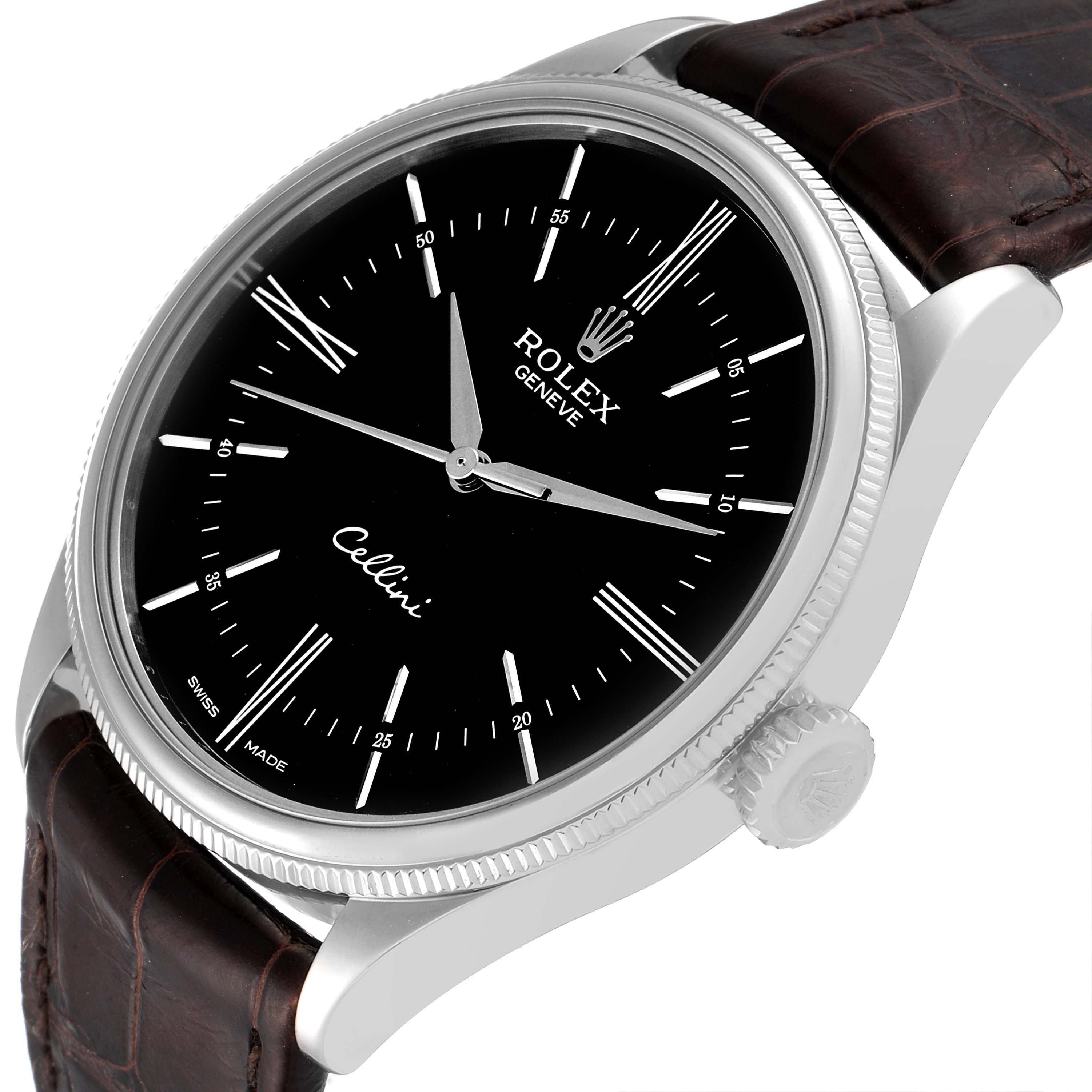 The Rolex Cellini 50509 Men's White Gold Black Dial 50509 Men's White Gold Black Dial watch is shown at a slight angle, displaying its face, bezel, crown, and part of the leather strap.