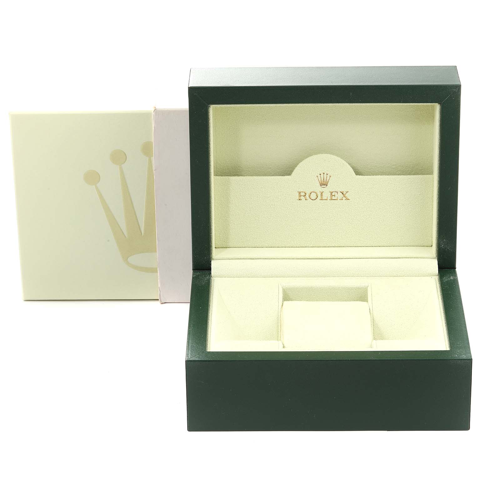 This image shows an open empty box for the Rolex Cellini 5442 Men's Rose Gold Black Dial 5442 Men's Rose Gold Black Dial watch, displaying the cushioning and the Rolex logo.