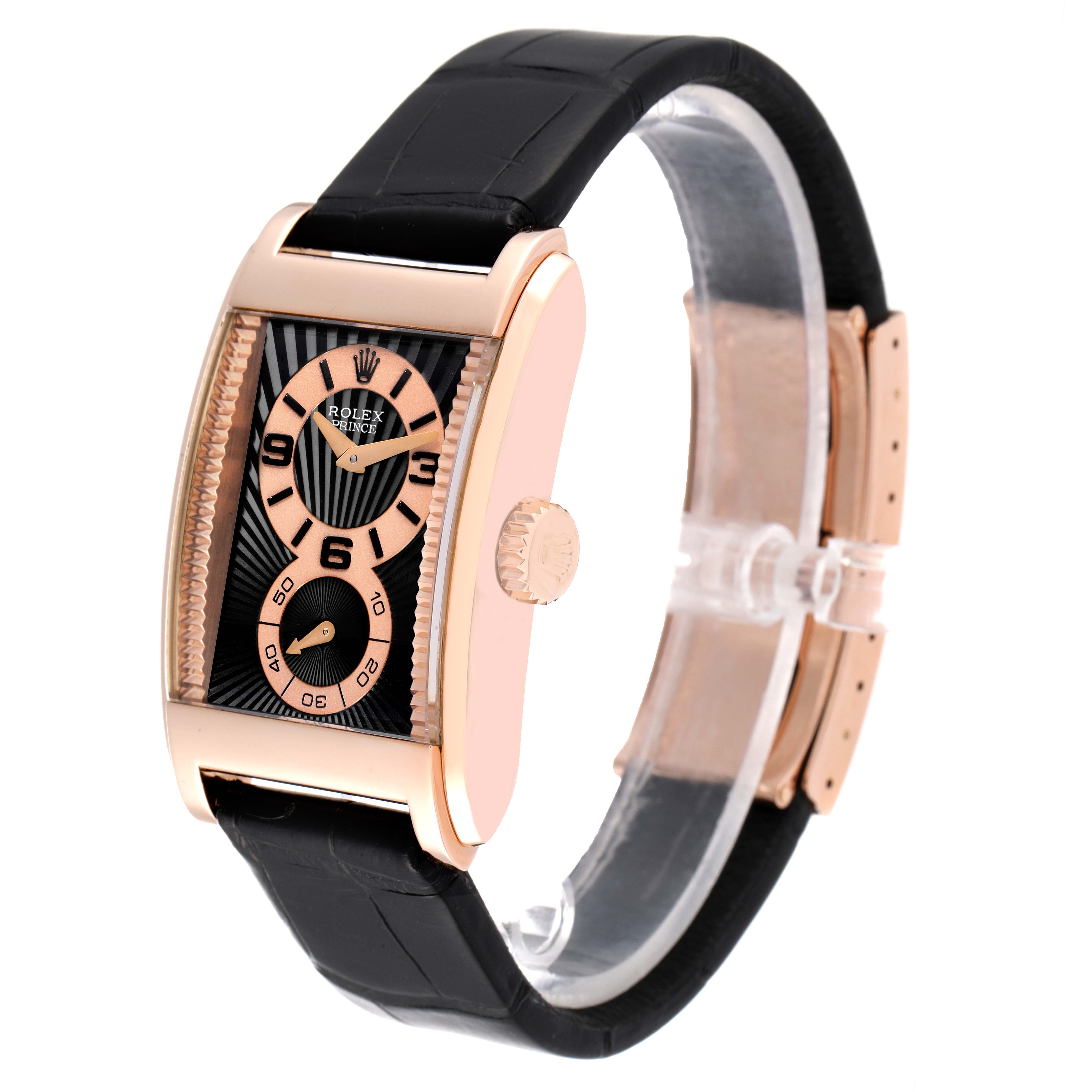 The Rolex Cellini 5442 Men's Rose Gold Black Dial 5442 Men's Rose Gold Black Dial watch is shown at an angled side view, featuring its dial, crown, and black leather strap.