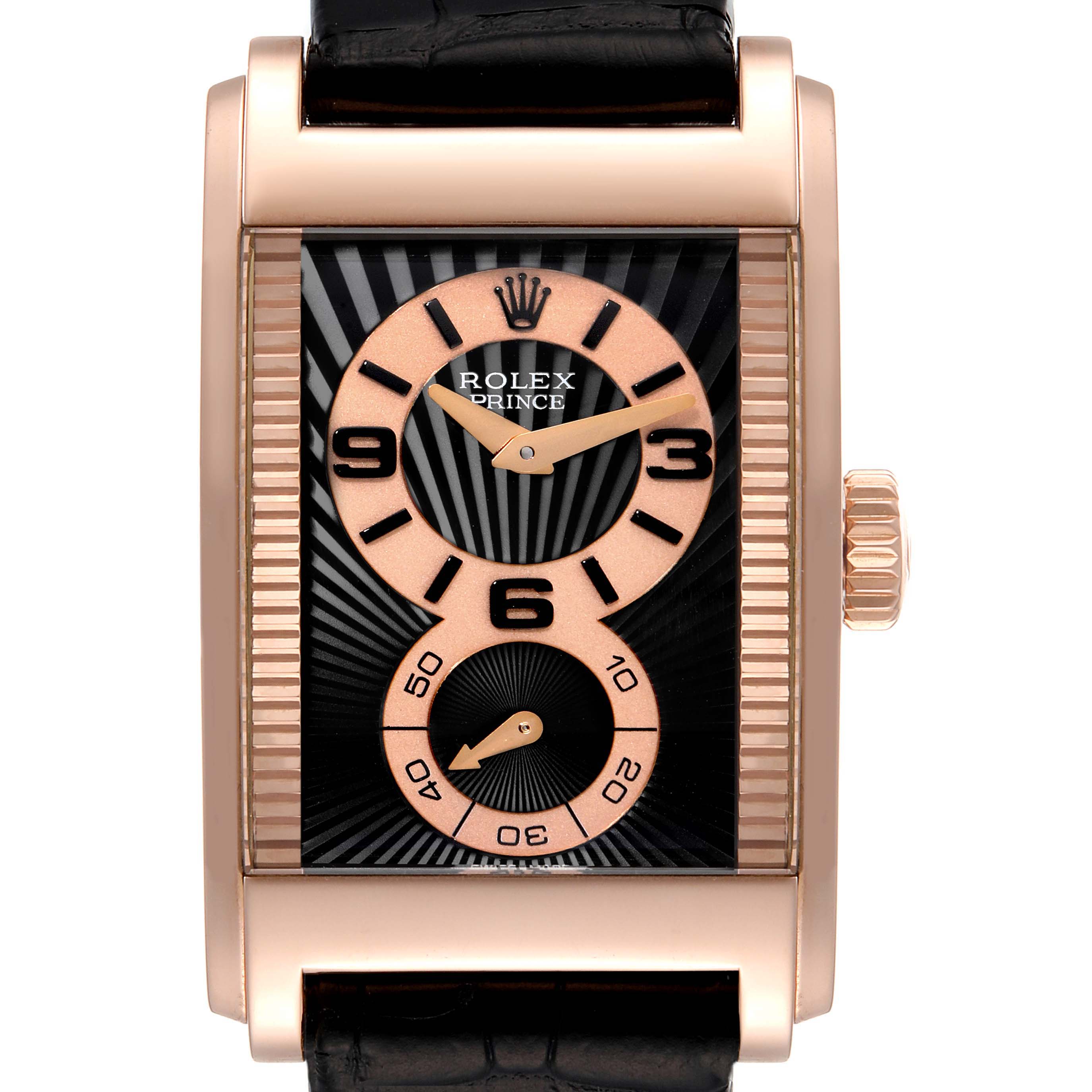 The image shows a front view of a Rolex Cellini 5442 Men's Rose Gold Black Dial 5442 Men's Rose Gold Black Dial model watch, highlighting its face, crown, and leather strap.