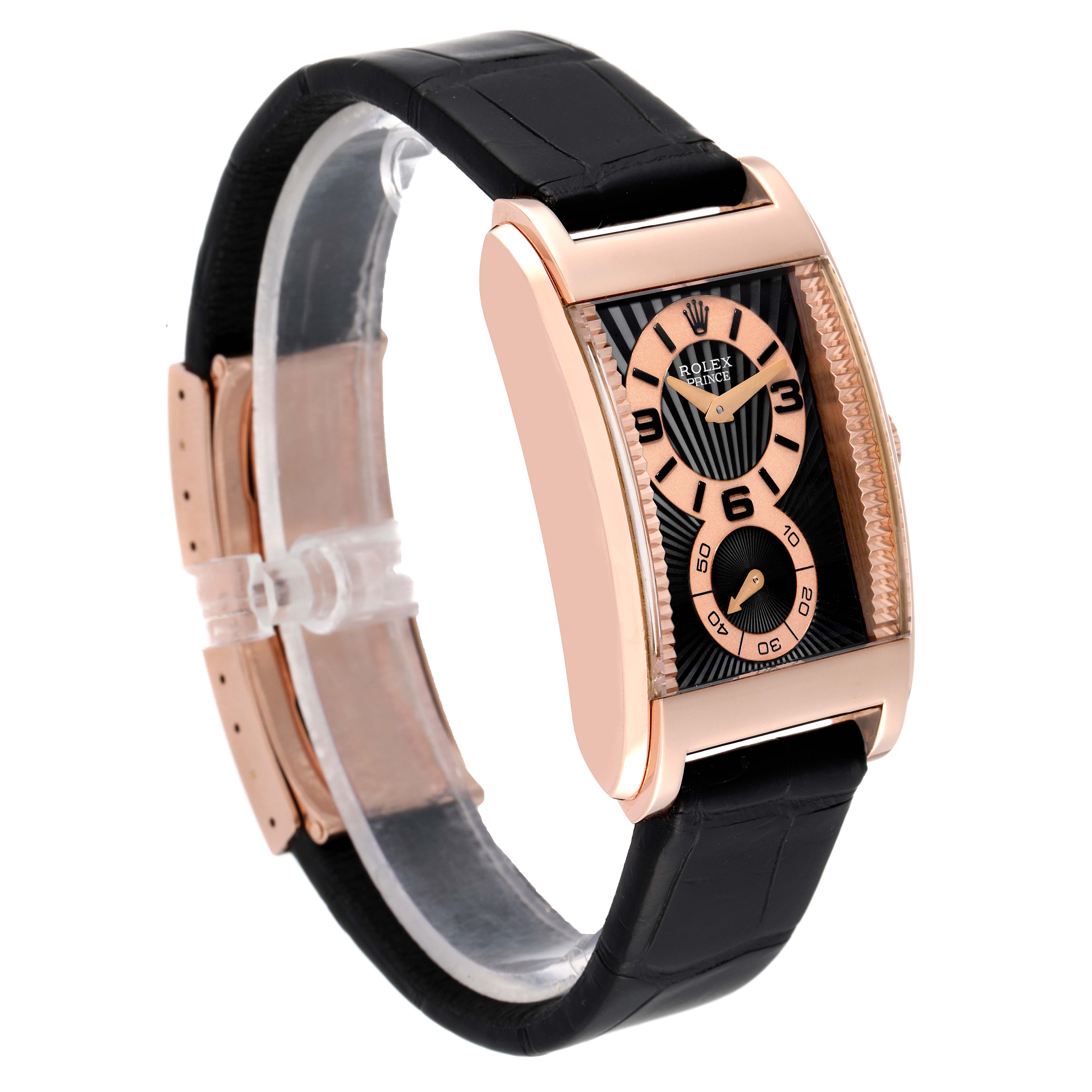 The image shows a partial front and side view of the Rolex Cellini 5442 Men's Rose Gold Black Dial 5442 Men's Rose Gold Black Dial watch, highlighting its case, dial, and strap.