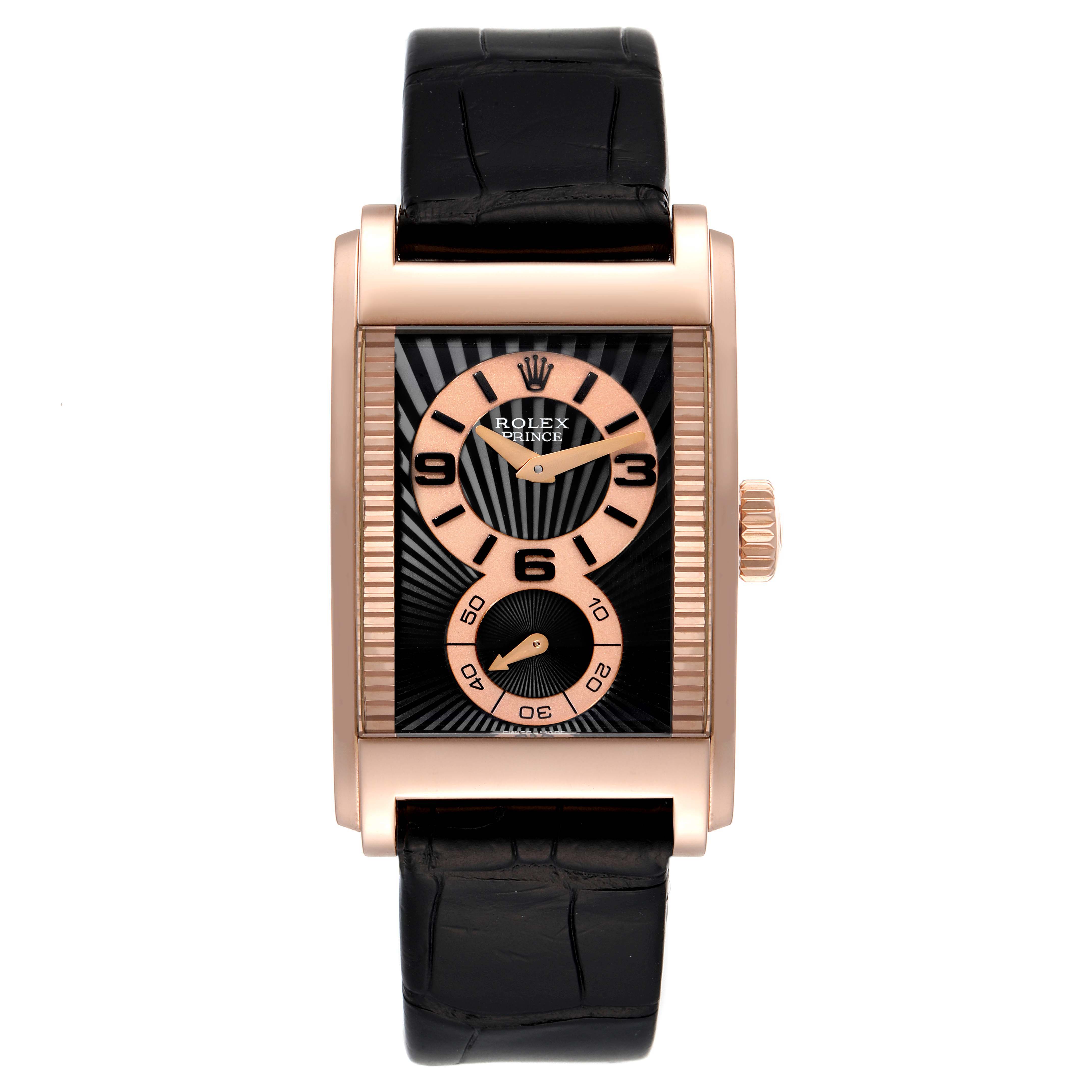 The image shows a Rolex Cellini 5442 Men's Rose Gold Black Dial 5442 Men's Rose Gold Black Dial watch from a front angle, displaying its black leather strap and rose gold rectangular case.