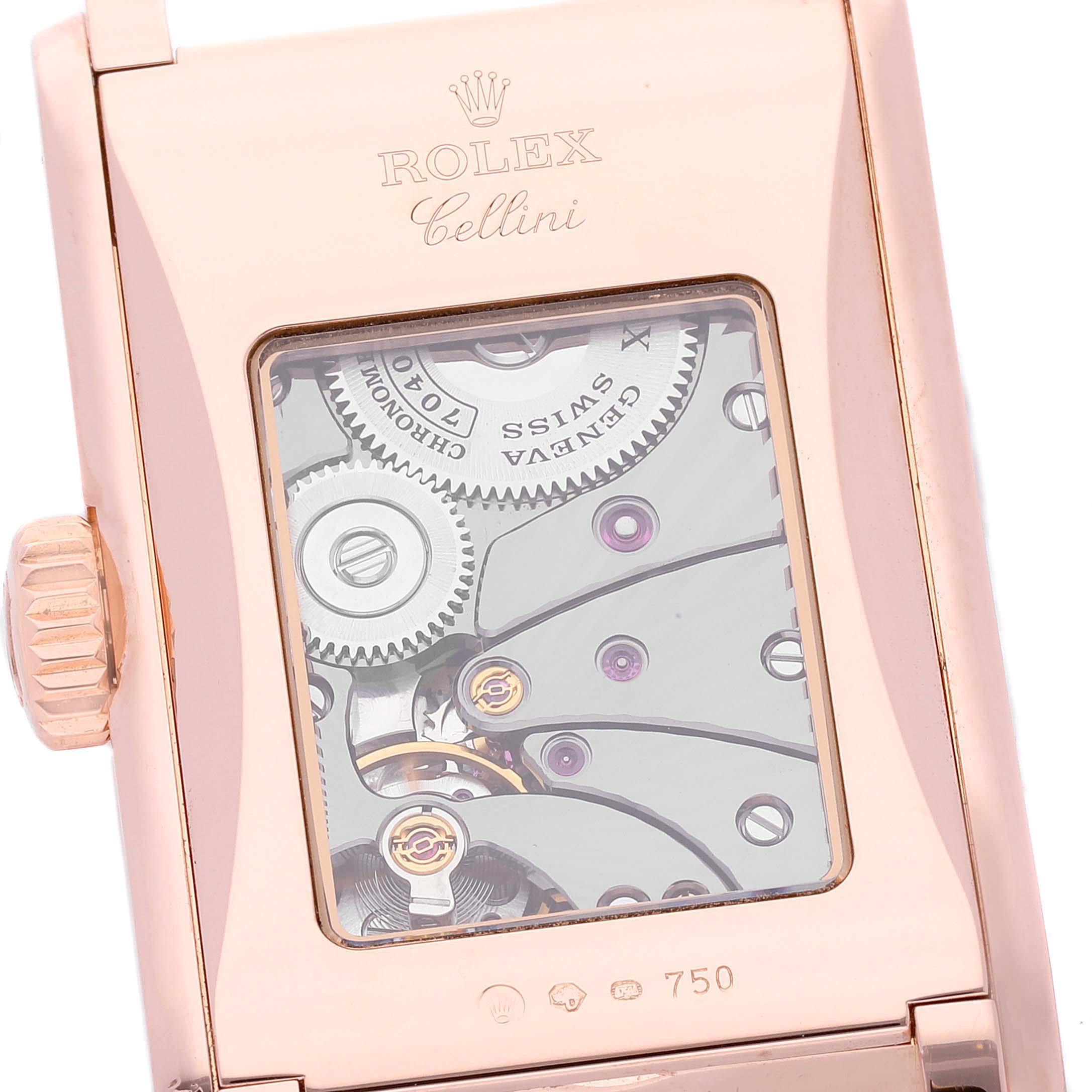 This image shows the back casing and internal mechanisms of the Rolex Cellini 5442 Men's Rose Gold Black Dial 5442 Men's Rose Gold Black Dial watch, photographed from the rear angle.