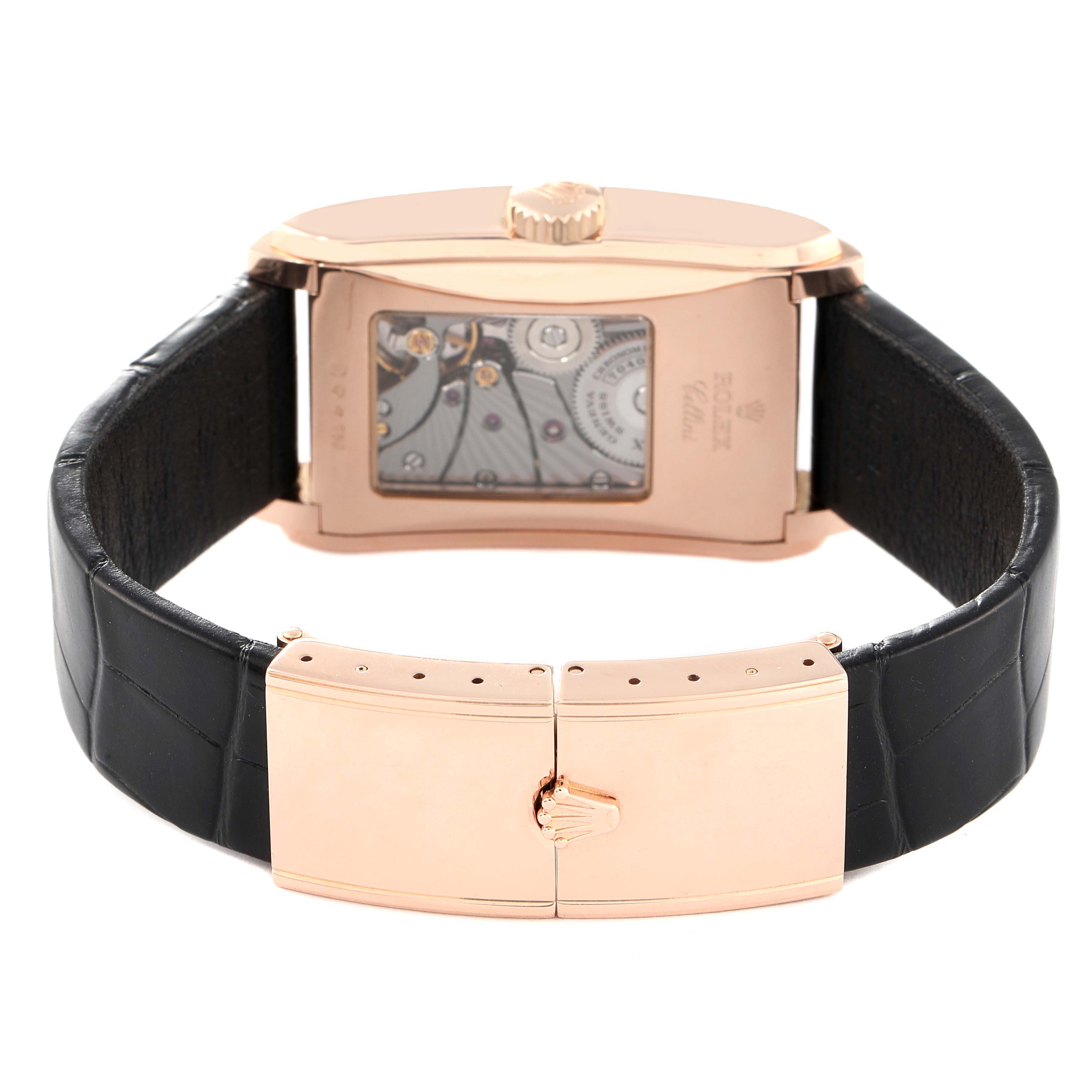 This image shows the back and clasp of the Rolex Cellini 5442 Men's Rose Gold Black Dial 5442 Men's Rose Gold Black Dial watch, highlighting its mechanism and black leather strap.