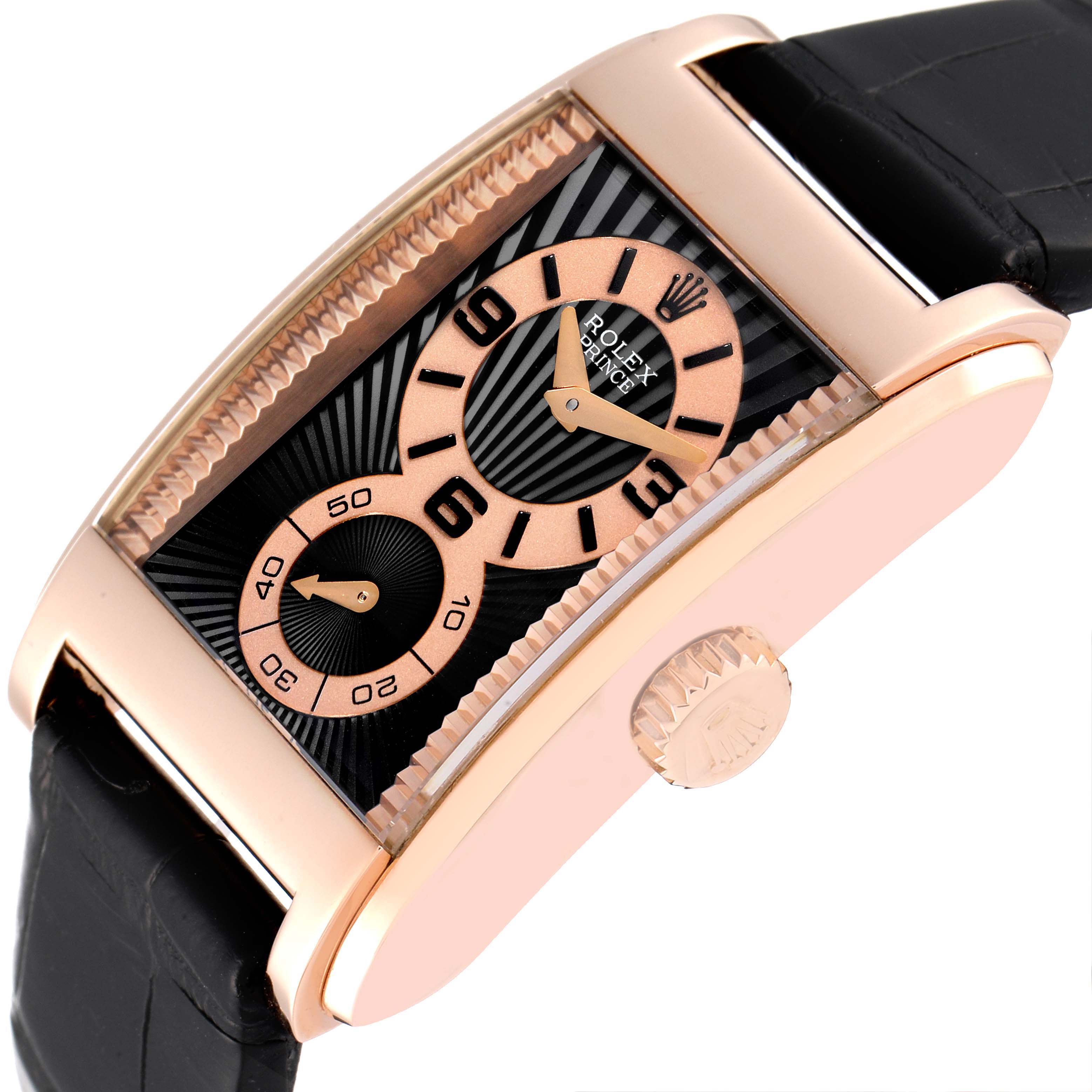 This image displays a Rolex Cellini 5442 Men's Rose Gold Black Dial 5442 Men's Rose Gold Black Dial watch at an angle showcasing the dial, case, crown, and strap.