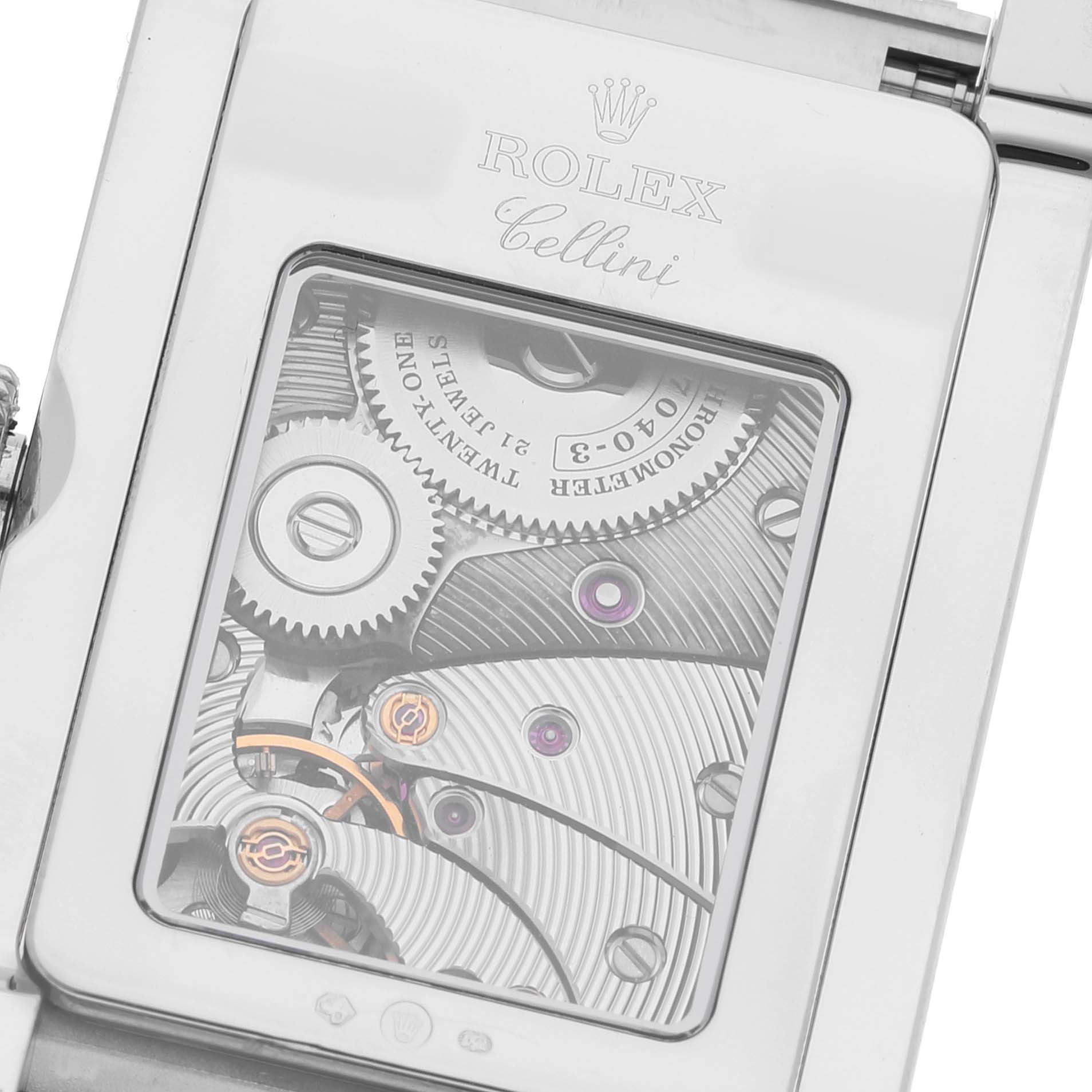 This image shows the back of a Rolex Cellini 5441 Men
s White Gold Silver Dial 5441 Men
s White Gold Silver Dial watch, highlighting its intricate mechanical movement and internal components. 