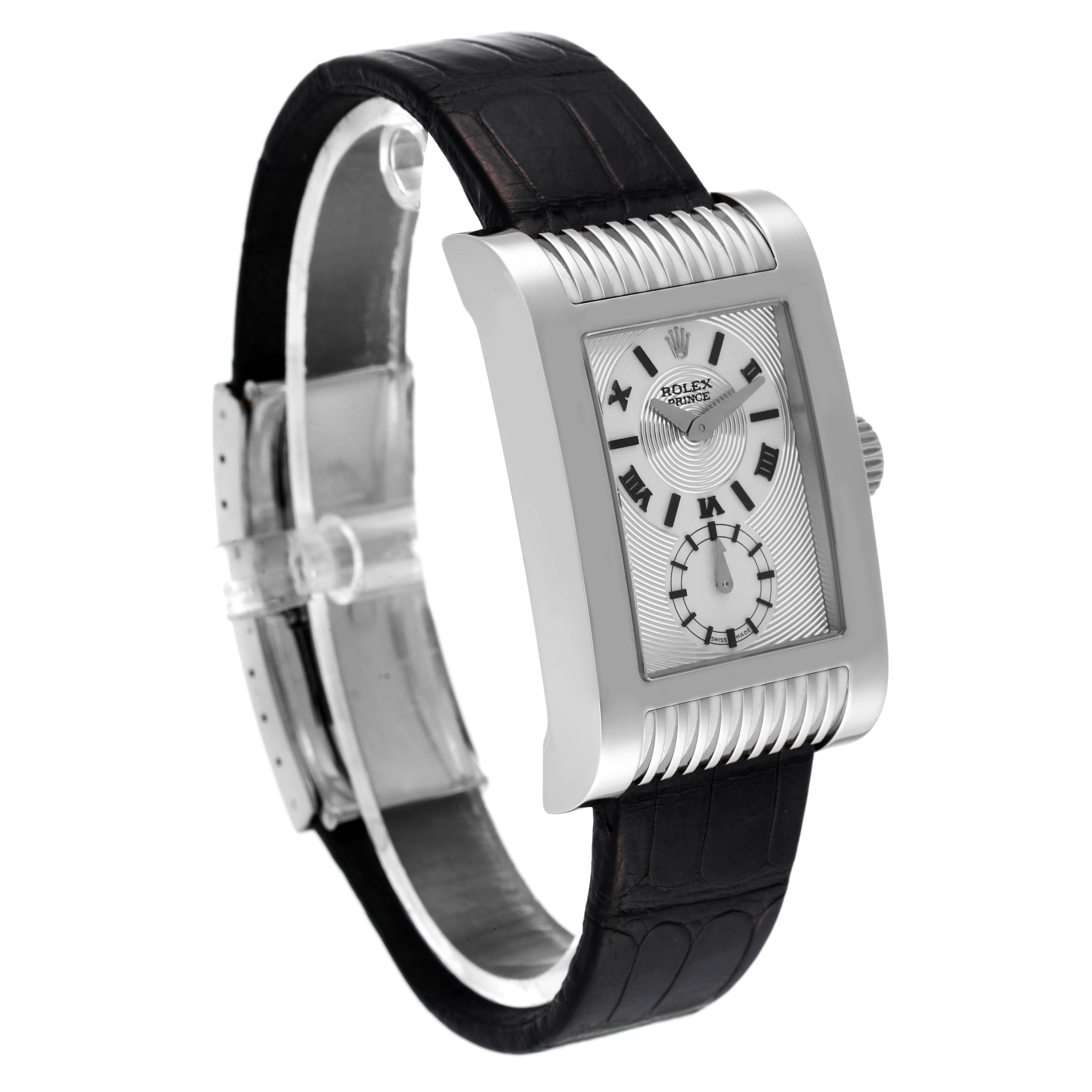 The image shows a side view of a Rolex Cellini 5441 Men
s White Gold Silver Dial 5441 Men
s White Gold Silver Dial watch, highlighting its rectangular face, strap, and clasp.