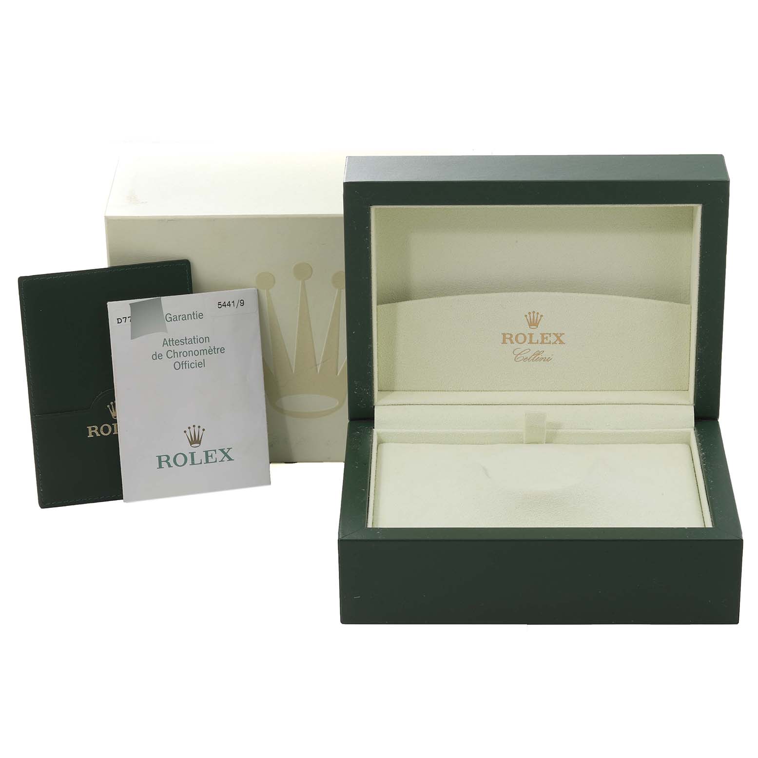 The image shows a Rolex Cellini 5441 Men
s White Gold Silver Dial 5441 Men
s White Gold Silver Dial watch box, along with its warranty card and booklet, all from a front angle.