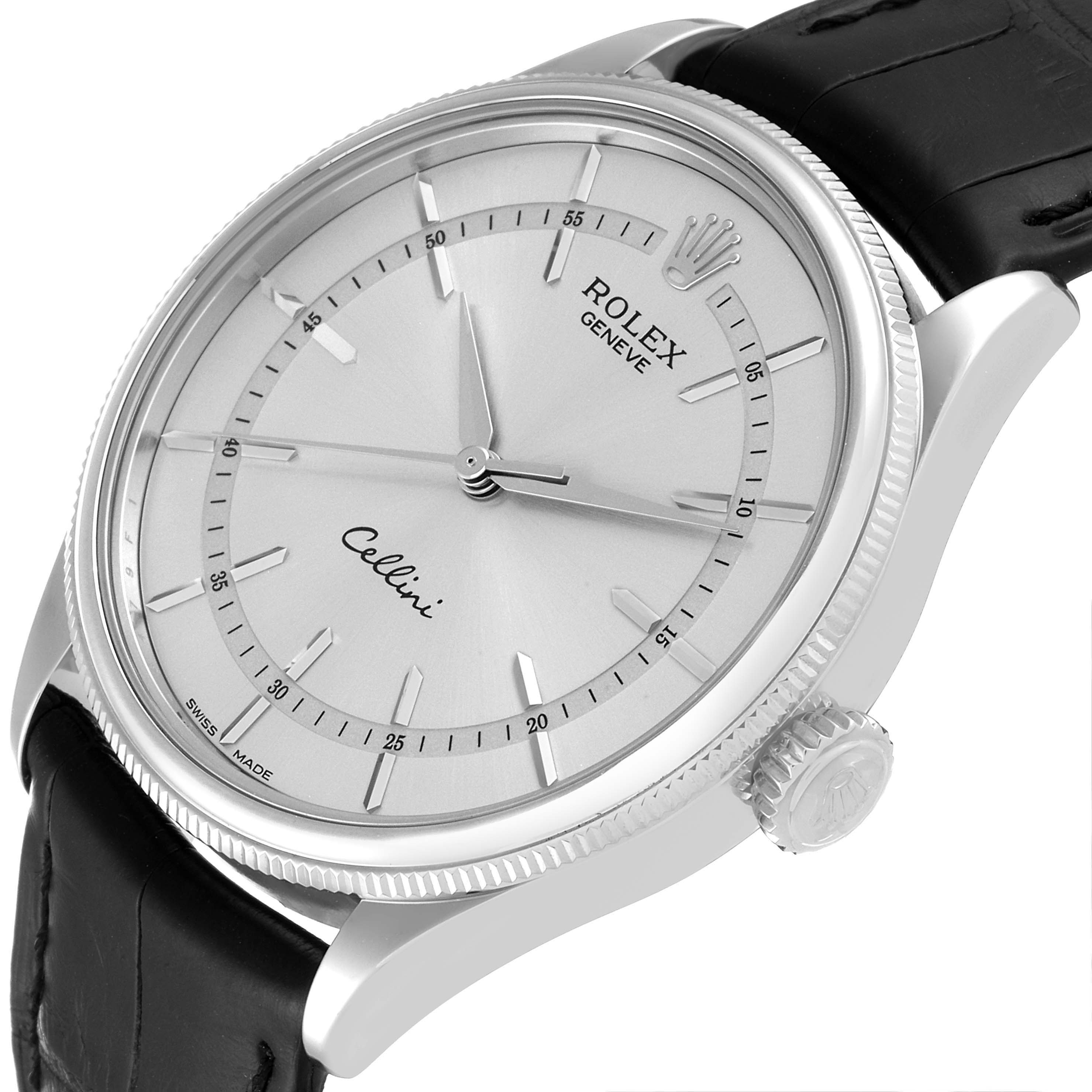 This image shows a Rolex Cellini 50509 Men
s Stainless Steel Silver Dial 50509 Men
s Stainless Steel Silver Dial watch facing slightly left with a clear view of the crown, dial, and upper part of the leather strap.