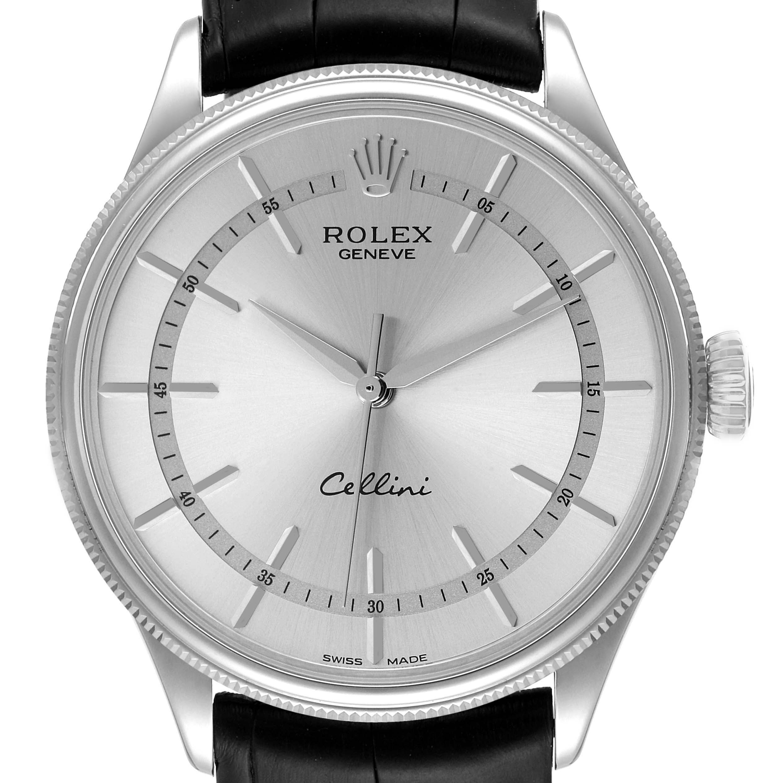 The image shows a frontal view of the Rolex Cellini 50509 Men
s Stainless Steel Silver Dial 50509 Men
s Stainless Steel Silver Dial watch, highlighting its dial, hands, crown, and part of the strap.