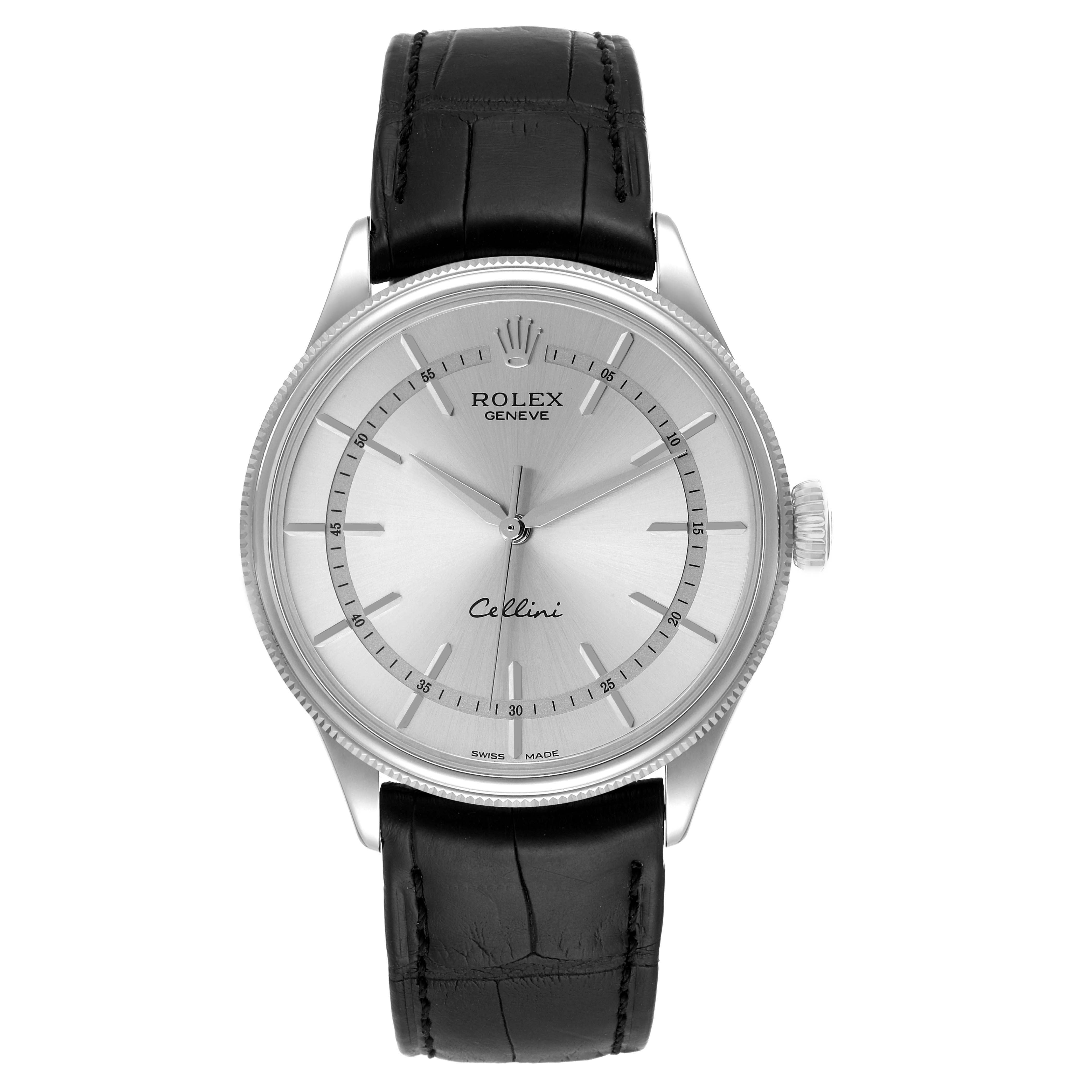 This image shows the front view of a Rolex Cellini 50509 Men
s Stainless Steel Silver Dial 50509 Men
s Stainless Steel Silver Dial watch, highlighting the dial, case, crown, and leather strap.