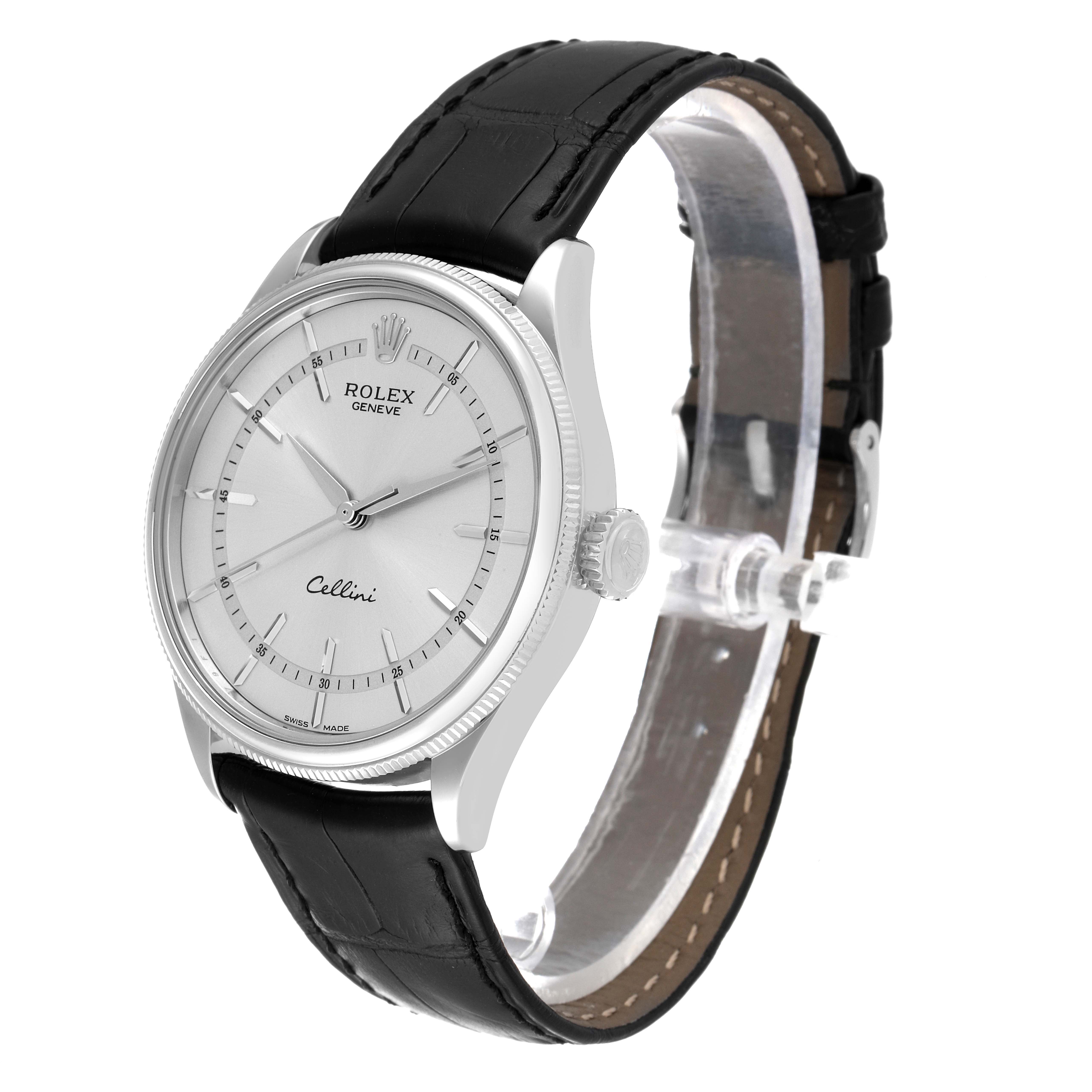 This image shows a Rolex Cellini 50509 Men
s Stainless Steel Silver Dial 50509 Men
s Stainless Steel Silver Dial watch from a front-right angle, displaying the dial, crown, and black leather strap.