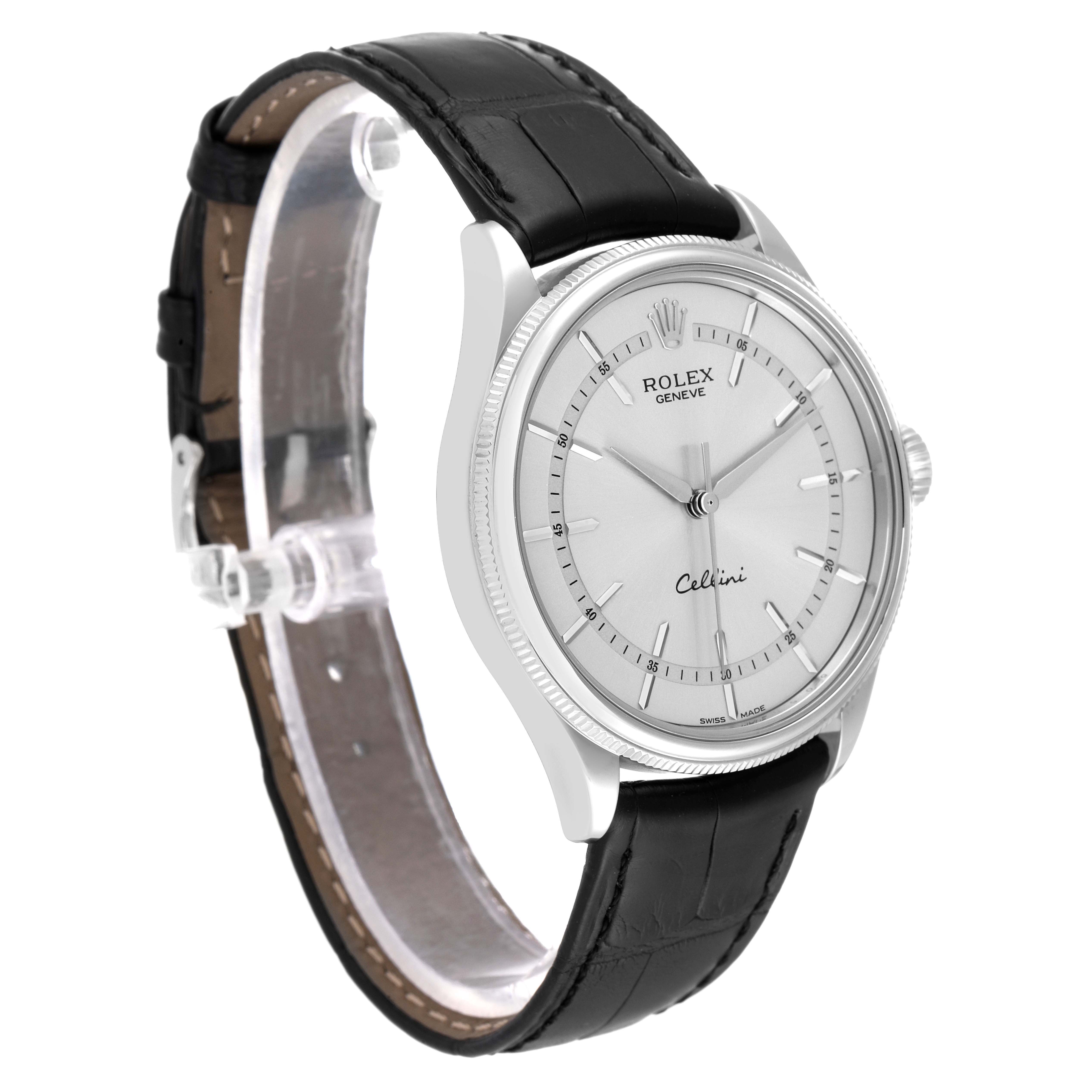 The image shows a side angle of the Rolex Cellini 50509 Men
s Stainless Steel Silver Dial 50509 Men
s Stainless Steel Silver Dial watch, highlighting its black leather strap and white dial.