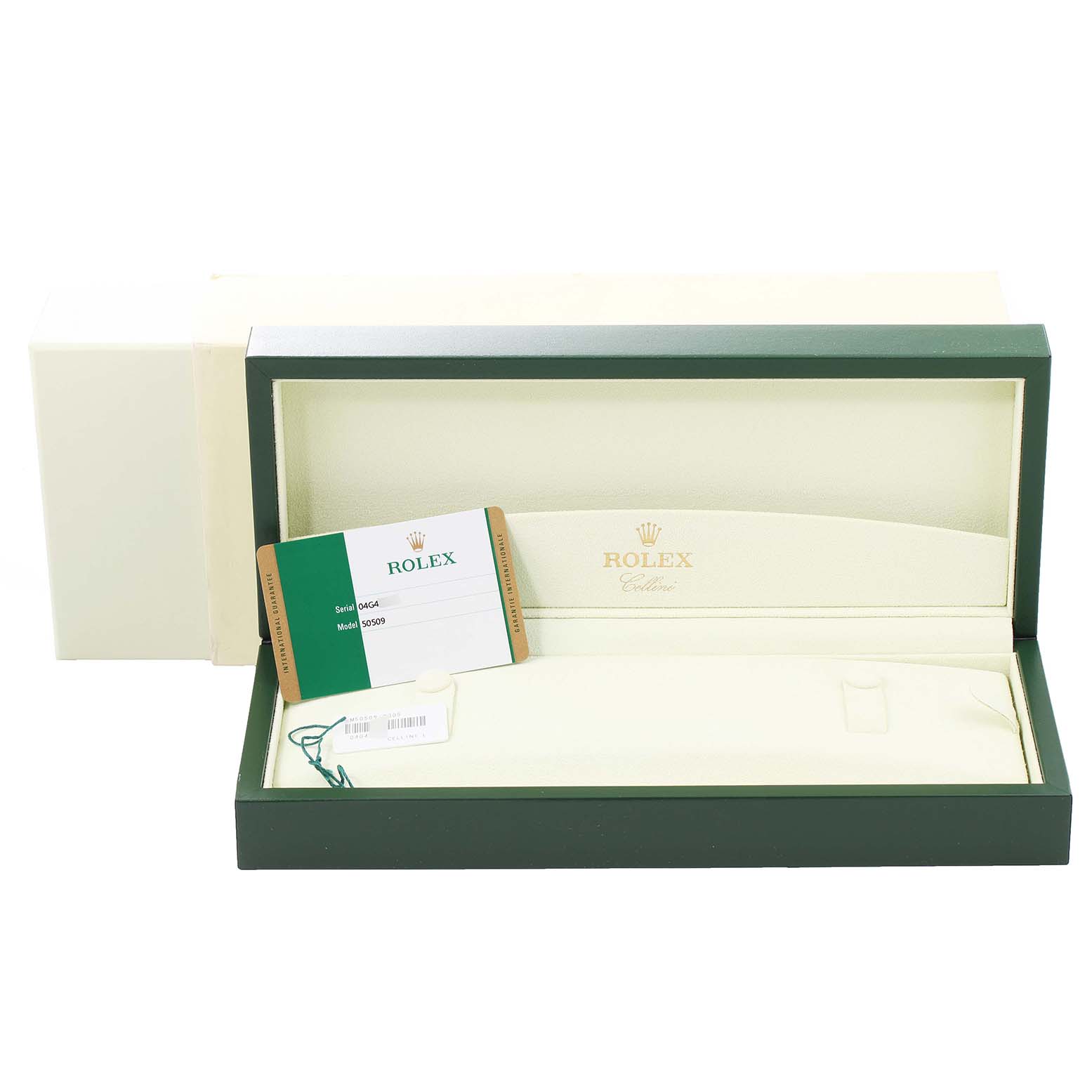 This image shows the open box and accessories of a Rolex Cellini 50509 Men
s Stainless Steel Silver Dial 50509 Men
s Stainless Steel Silver Dial watch, including a tag and a warranty card.