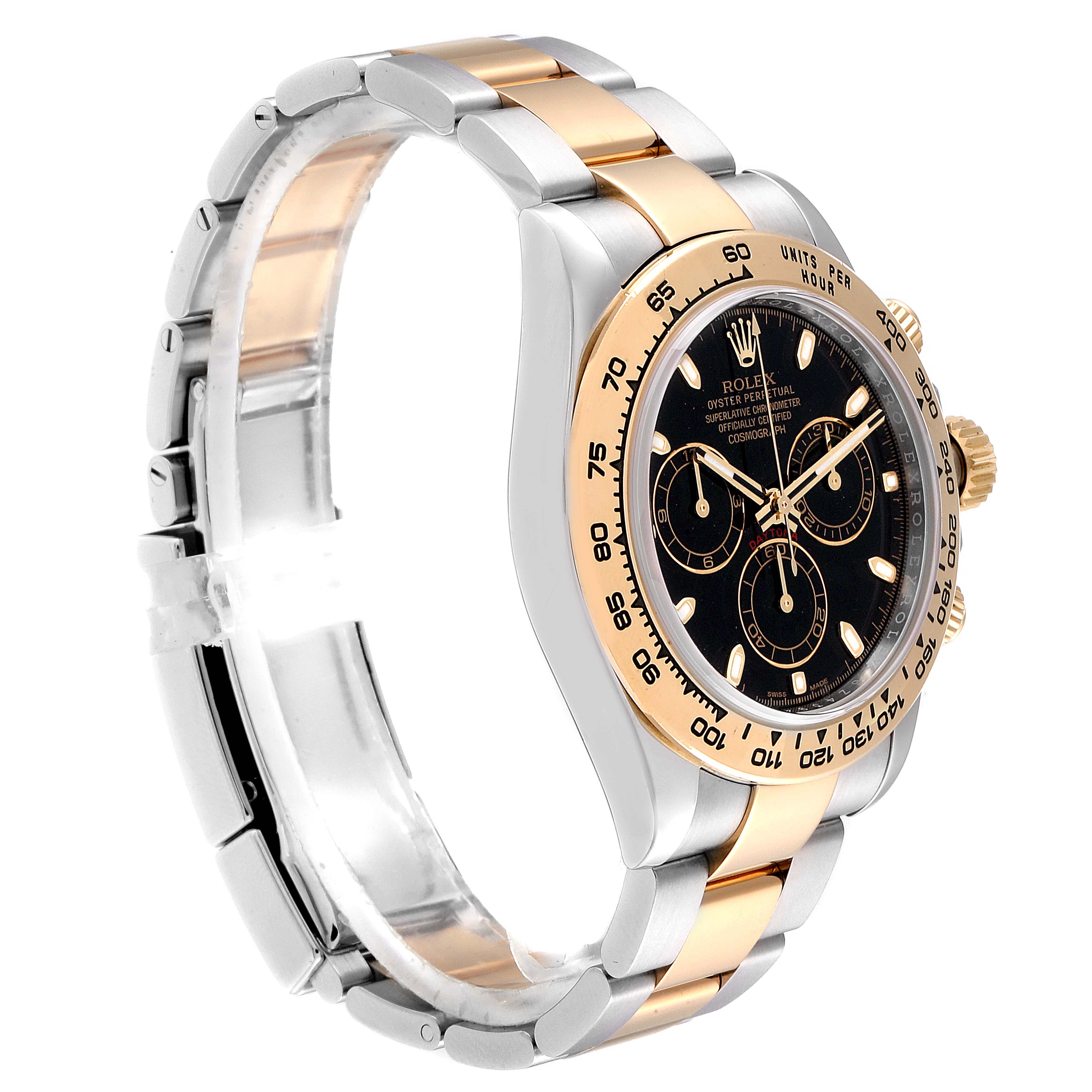 The image shows a Rolex Daytona 116503 Men's Steel and Gold (two tone) Black Dial 116503 Men's Steel and Gold (two tone) Black Dial watch from a side-angle, highlighting its two-tone bracelet and chronograph dials.