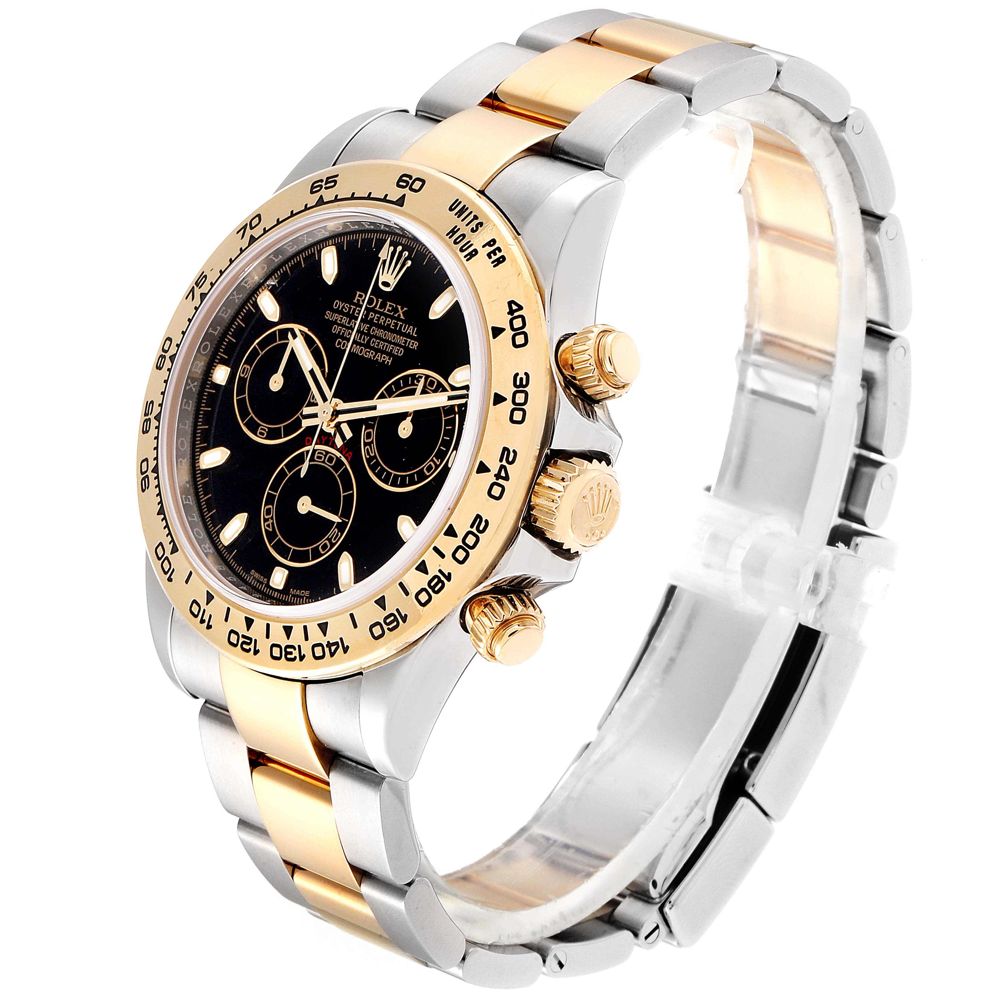 The image shows the front and side of a Rolex Daytona 116503 Men's Steel and Gold (two tone) Black Dial 116503 Men's Steel and Gold (two tone) Black Dial watch, highlighting its bezel, dial, and two-tone bracelet.