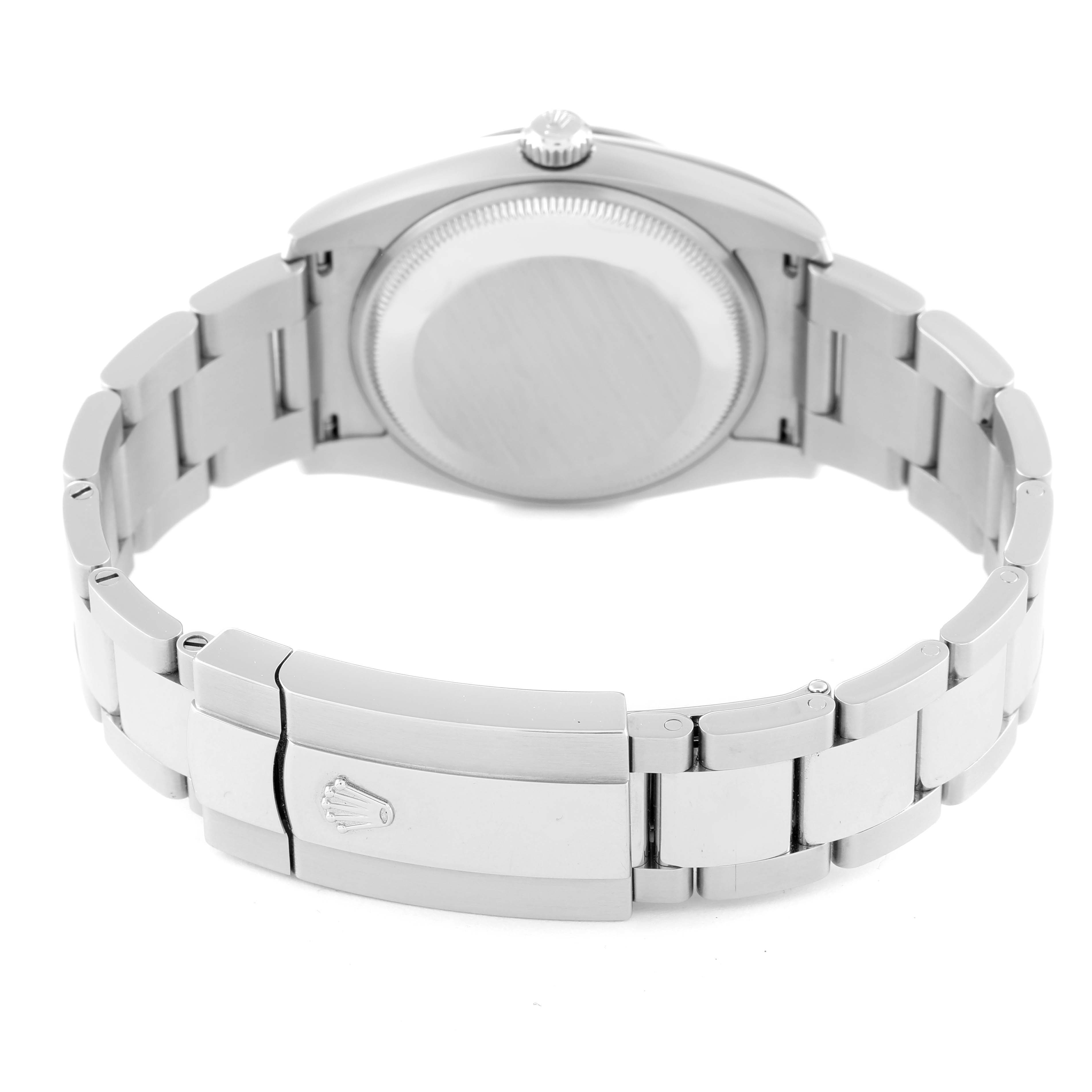 The image shows the back view of the Rolex Date 115234 Men's Stainless Steel Black Dial 115234 Men's Stainless Steel Black Dial model watch, highlighting the closed clasp and bracelet.