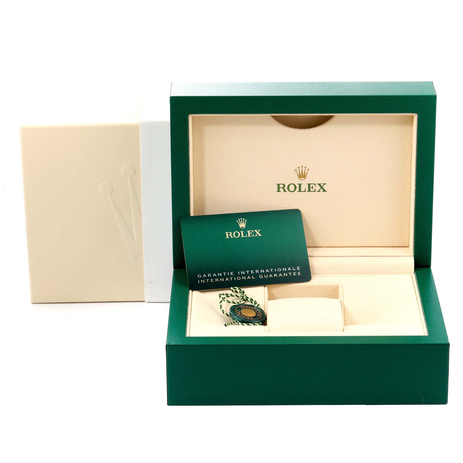 The image shows the packaging for a Rolex Date 115234 Men's Stainless Steel Black Dial 115234 Men's Stainless Steel Black Dial model watch, including the inner box, guarantee card, and tag.