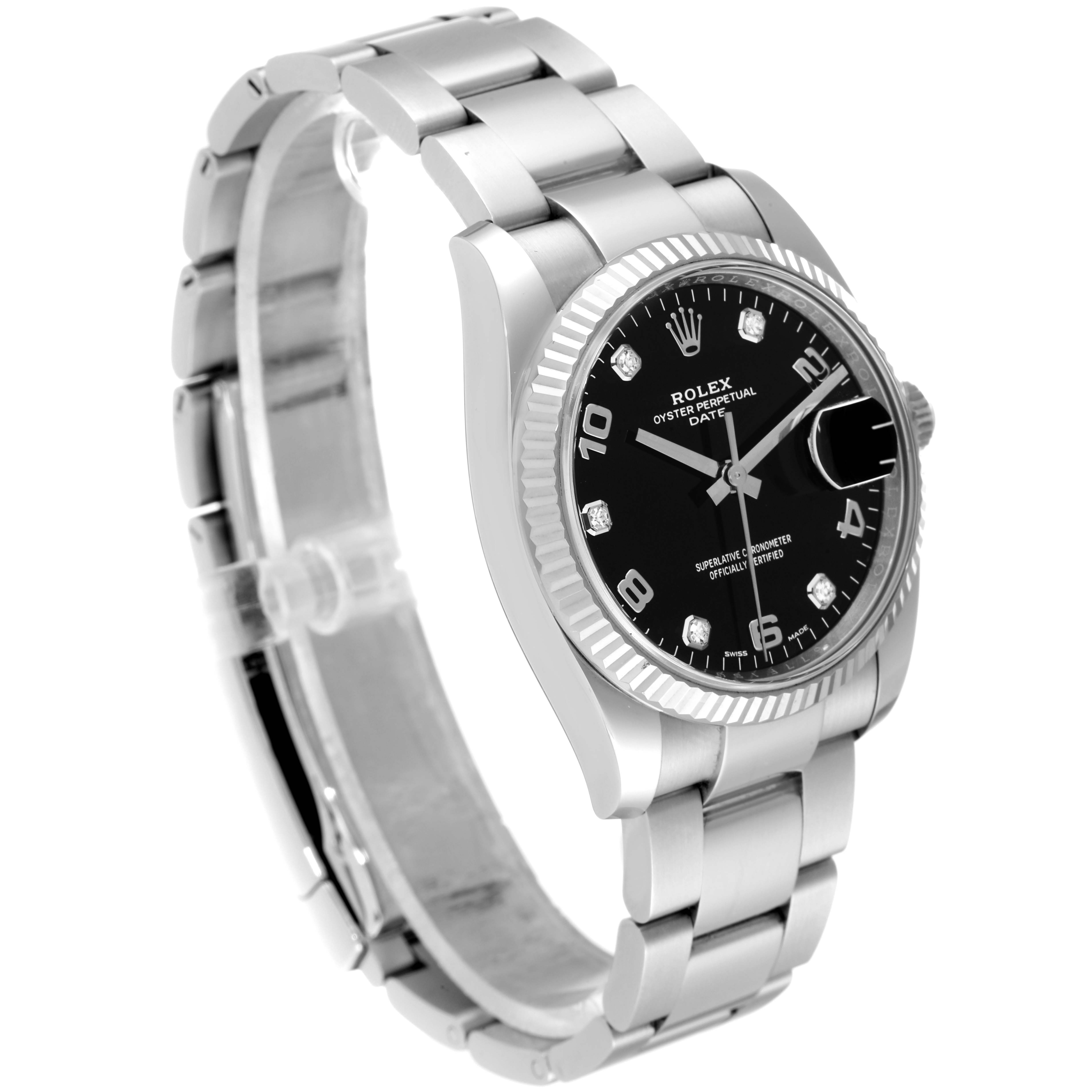 The image shows a Rolex Date 115234 Men's Stainless Steel Black Dial 115234 Men's Stainless Steel Black Dial model watch at an angle highlighting the bracelet, bezel, and dial.