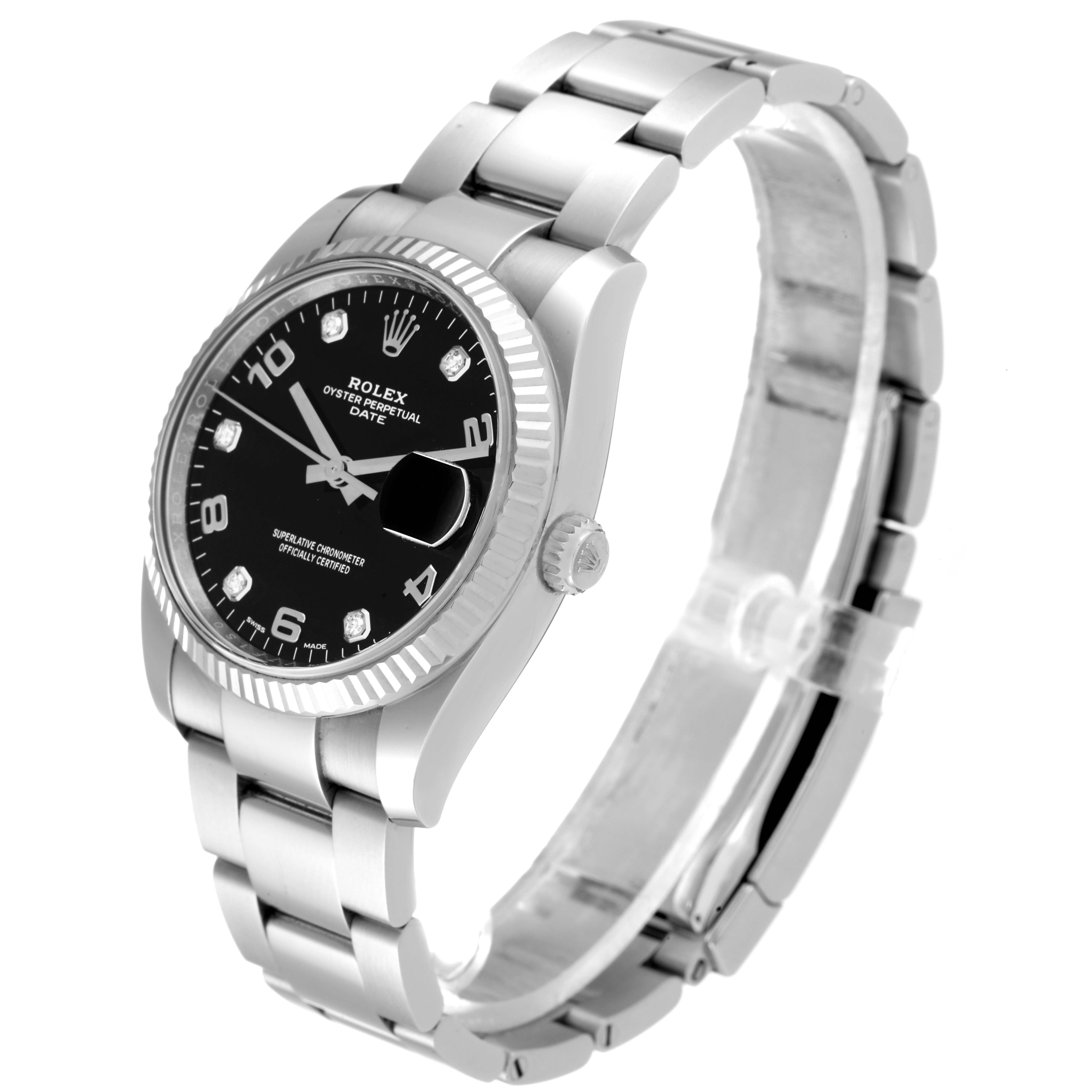 The image shows a side angle view of a Rolex Date 115234 Men's Stainless Steel Black Dial 115234 Men's Stainless Steel Black Dial model, highlighting the watch face, bezel, and bracelet.