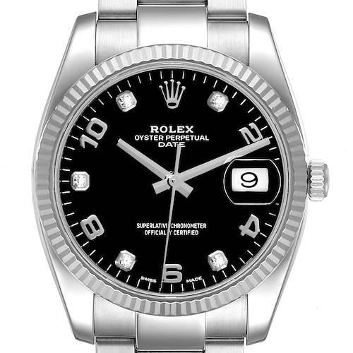 Photo of Rolex Date 34 Steel White Gold Black Diamond Dial Mens Watch 115234 Box Card