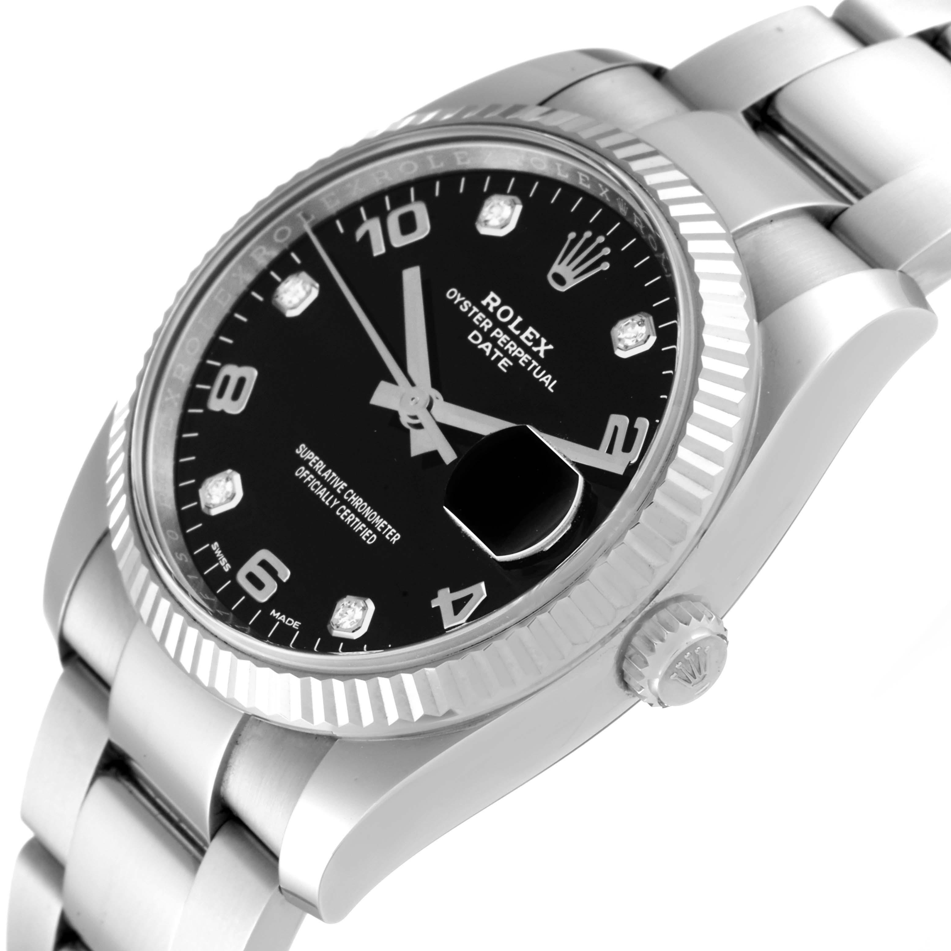 The Rolex Date 115234 Men's Stainless Steel Black Dial 115234 Men's Stainless Steel Black Dial model watch is shown at an angled view highlighting the face, bezel, crown, and part of the bracelet.