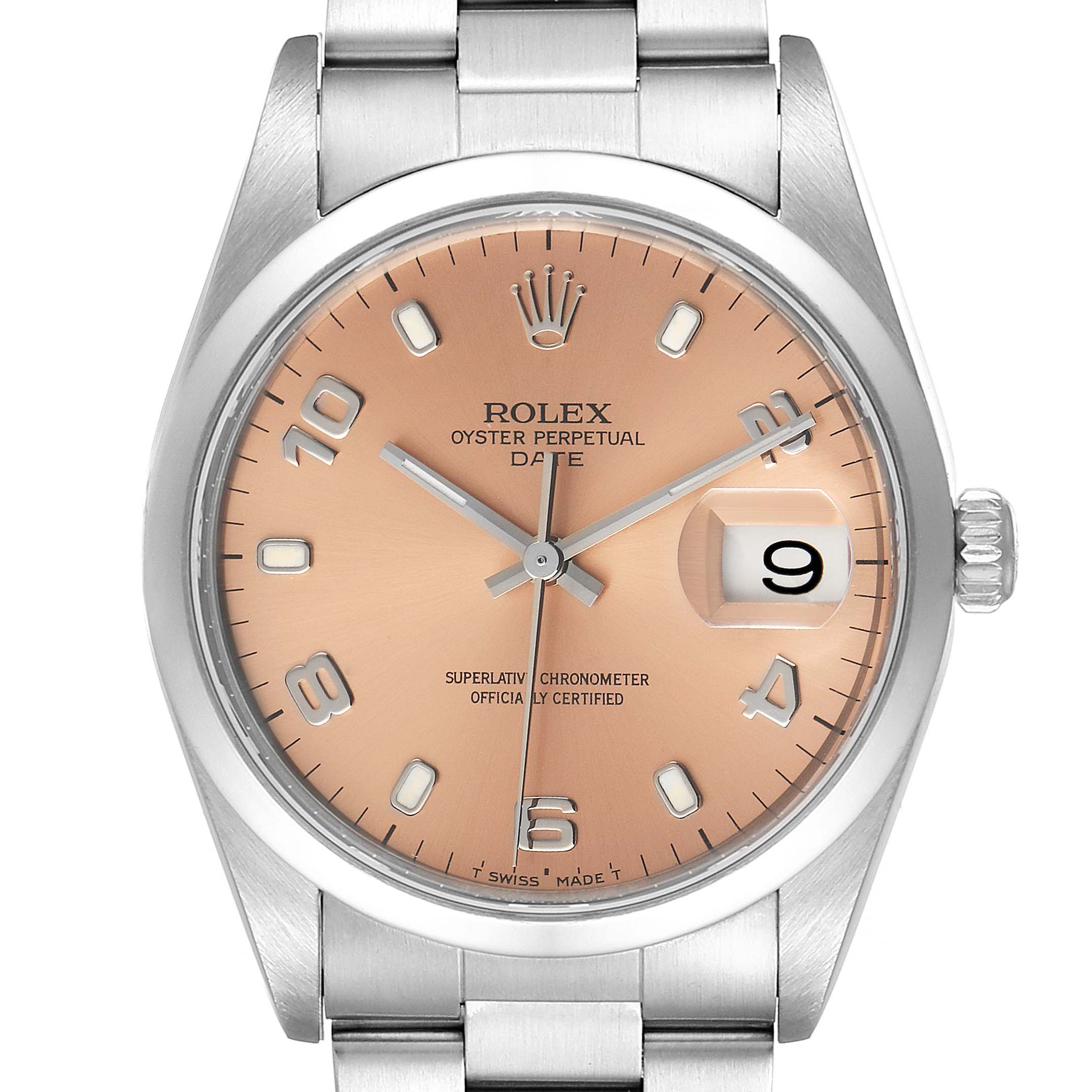 The image shows a front view of a Rolex Oyster Perpetual Date watch, featuring its dial, hands, and bracelet.