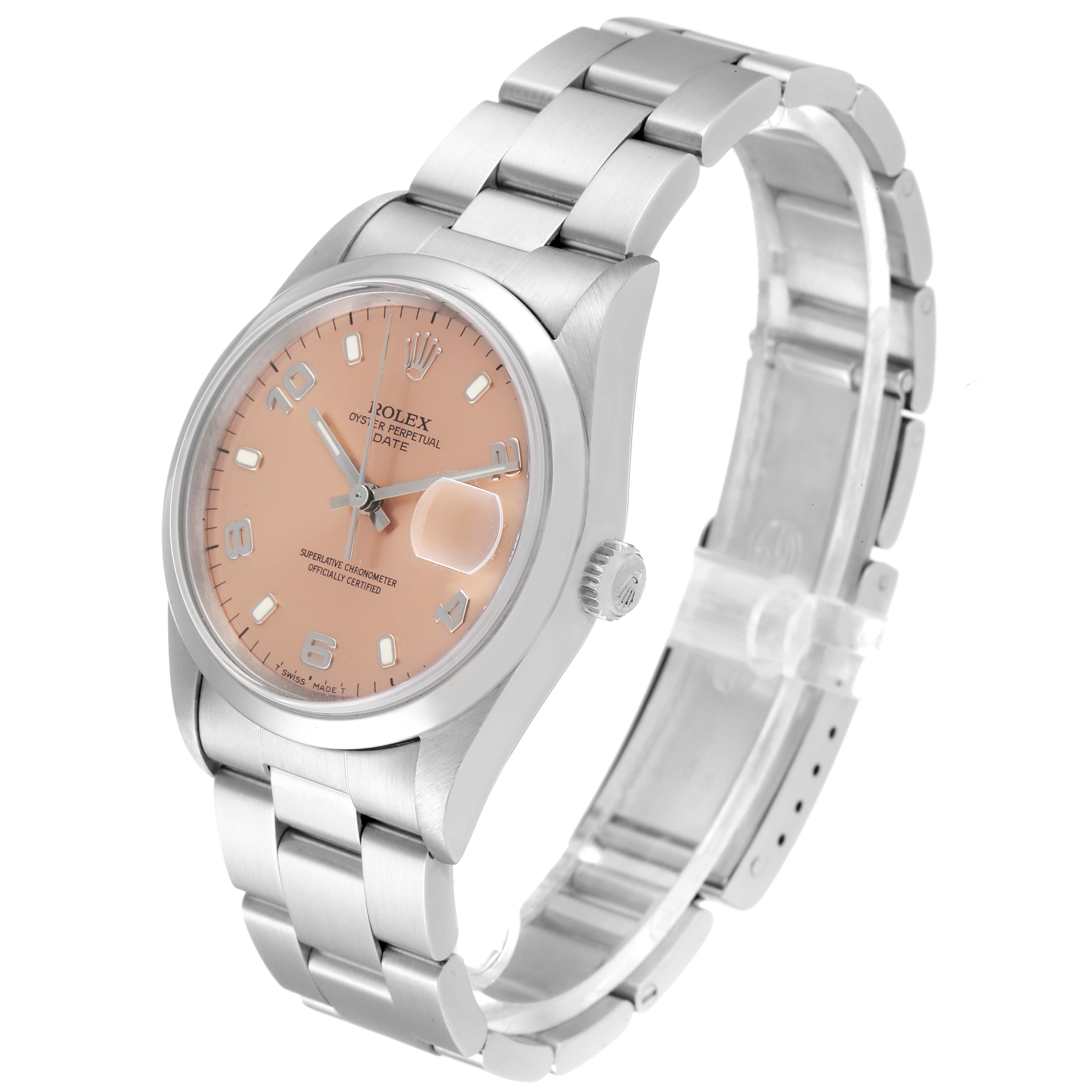 This image shows a Rolex Date 15200 Men's Stainless Steel Pink Dial 15200 Men's Stainless Steel Pink Dial model watch angled to display the dial, bezel, crown, and bracelet.