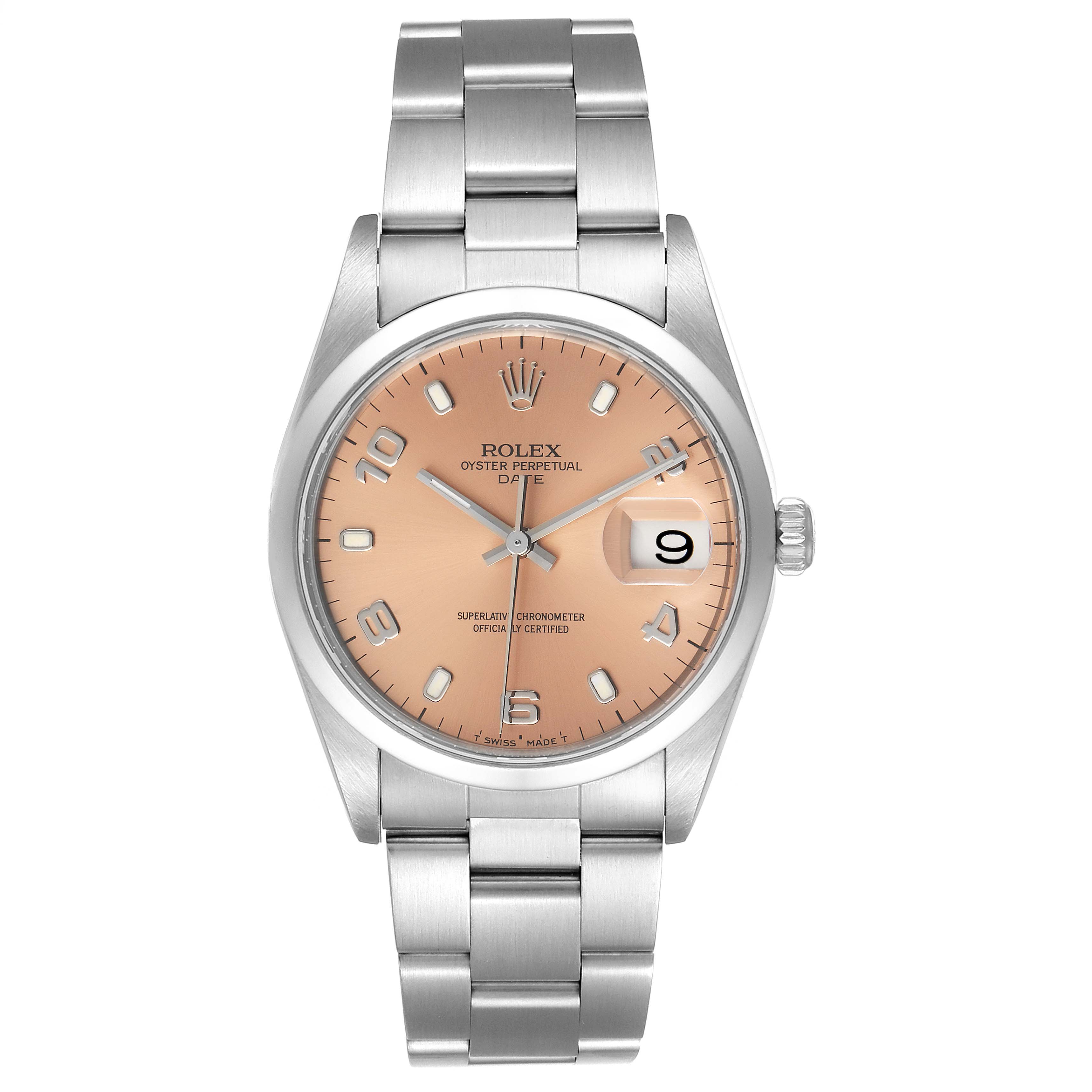This image shows a frontal view of a Rolex Date 15200 Men's Stainless Steel Pink Dial 15200 Men's Stainless Steel Pink Dial model watch, highlighting the dial, bezel, case, and bracelet.