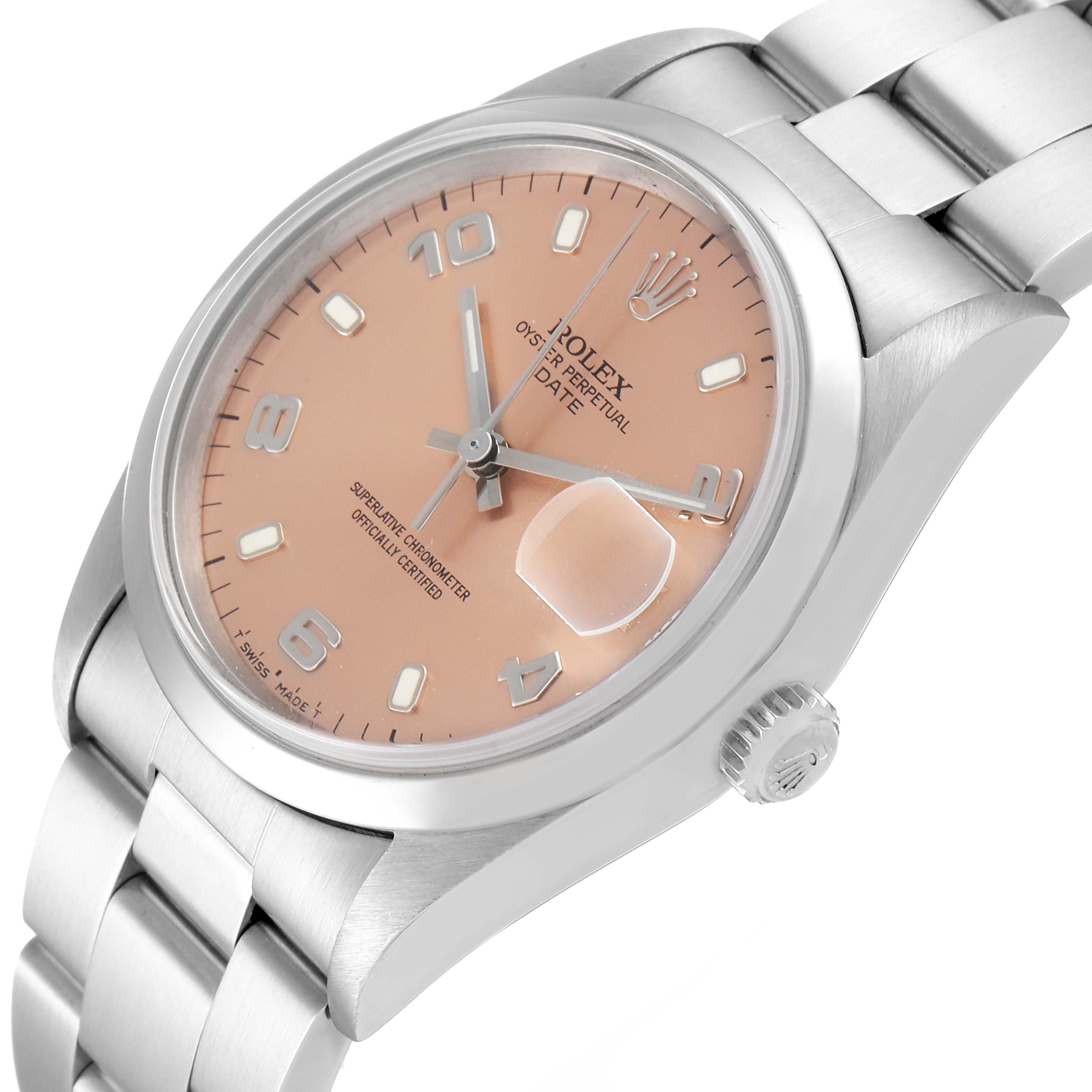 The image shows a close-up angled view of the Rolex Date 15200 Men's Stainless Steel Pink Dial 15200 Men's Stainless Steel Pink Dial model, highlighting the dial, crown, and part of the bracelet.