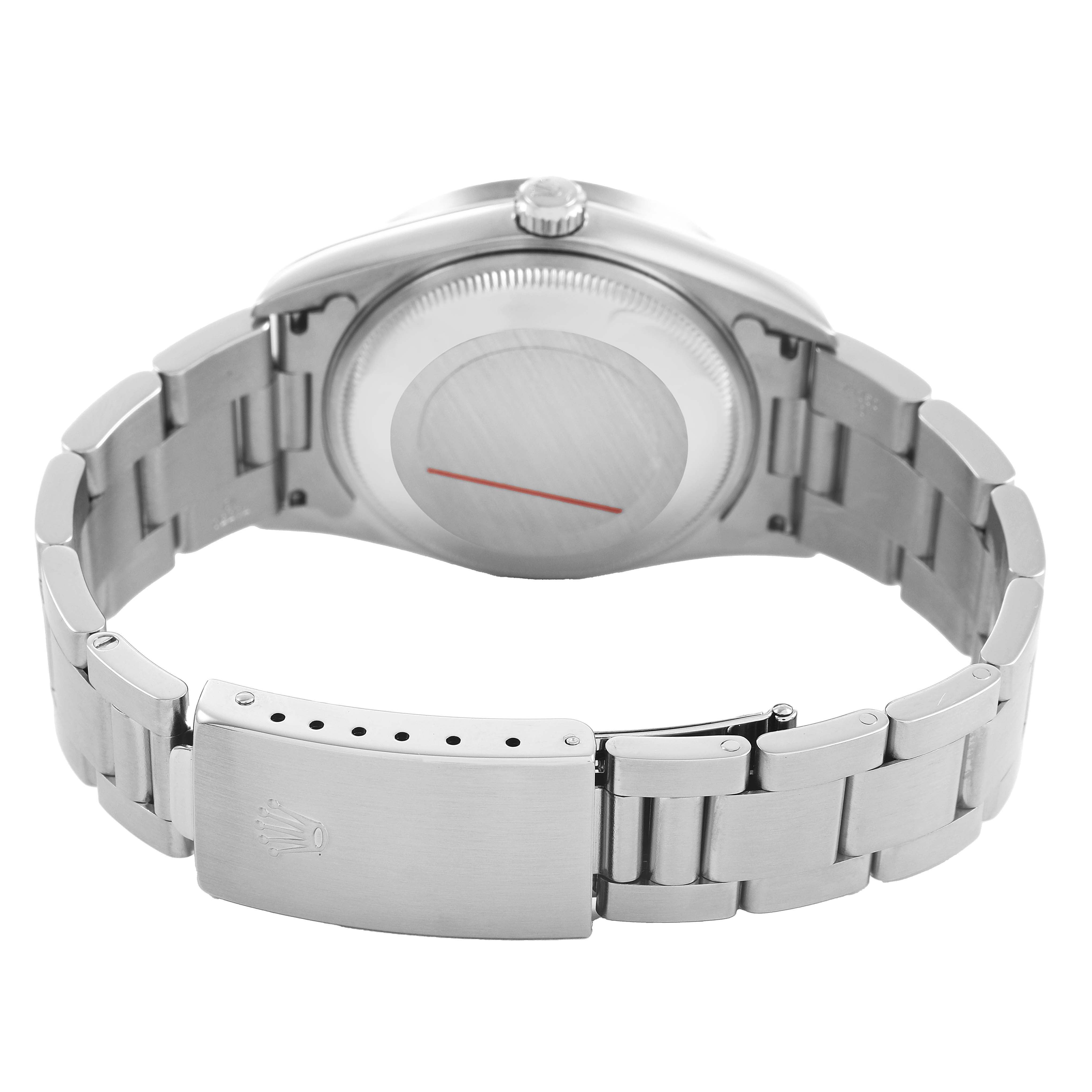 The image shows the back and bracelet of a Rolex Date 15210 Men's Stainless Steel Black Dial model watch, focusing on the clasp and case back.
