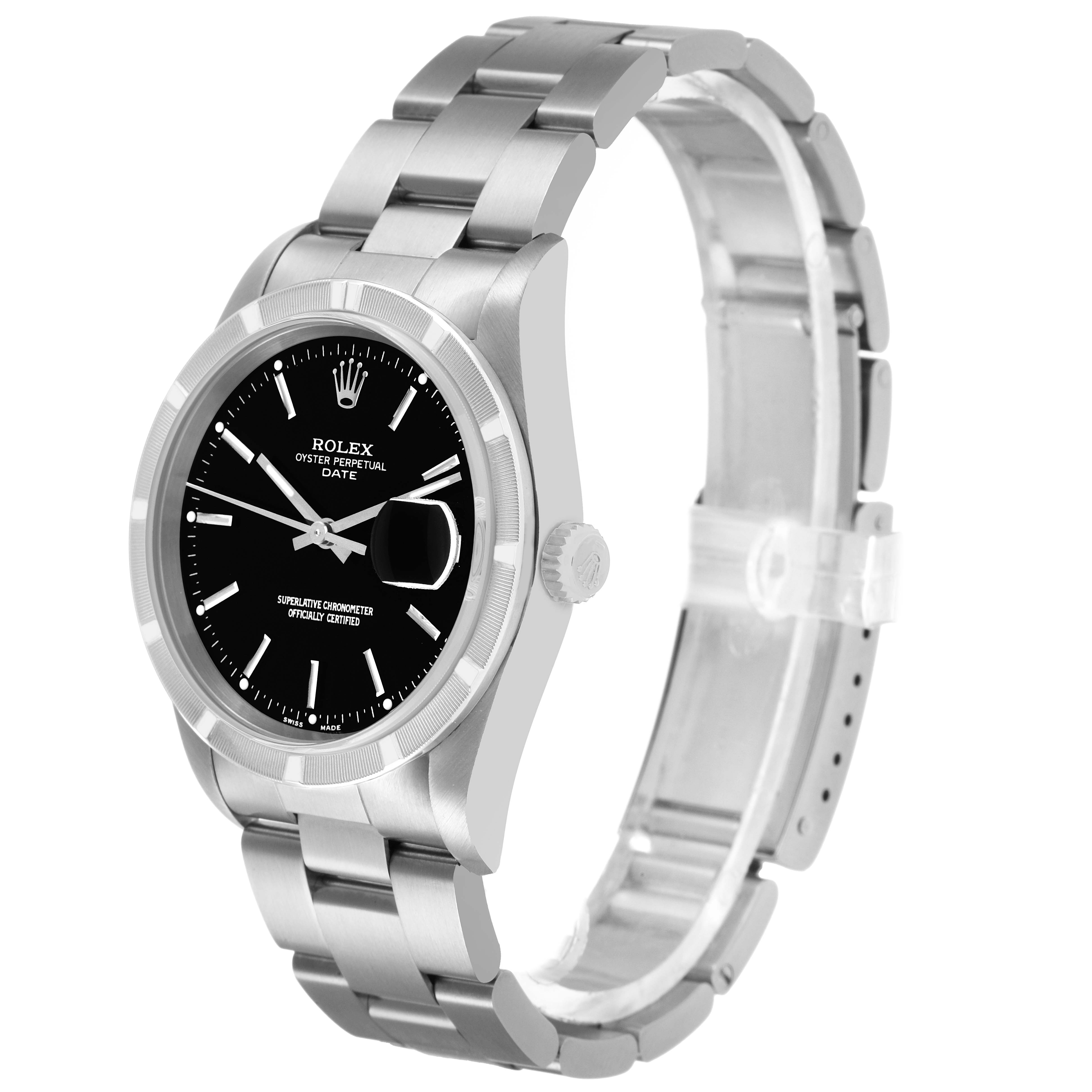 The image shows a Rolex Date 15210 Men's Stainless Steel Black Dial model at a three-quarter angle, highlighting the black dial, bezel, case, bracelet, and crown.