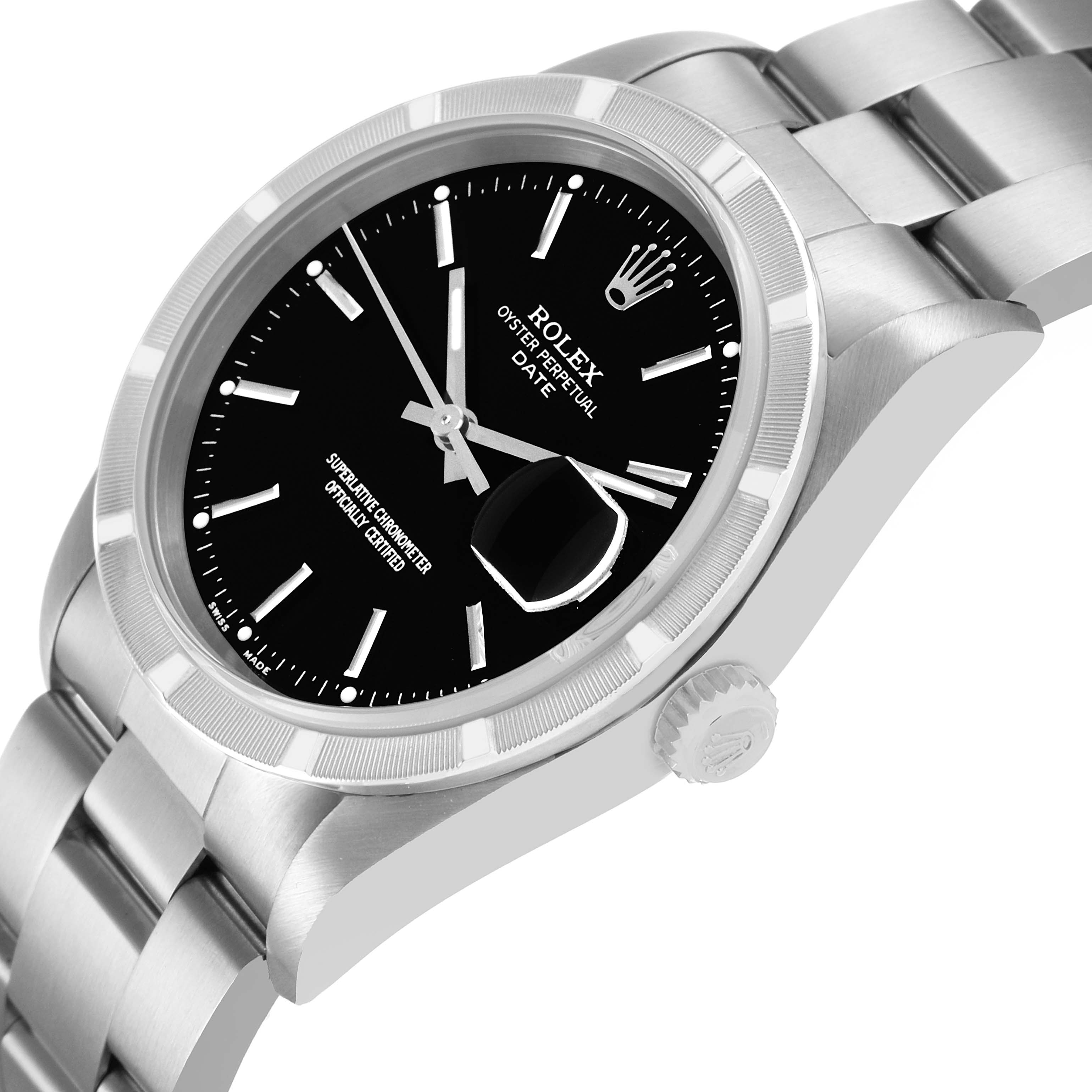 The image shows a side view of a Rolex Date 15210 Men's Stainless Steel Black Dial watch, highlighting the bezel, dial, crown, and bracelet.