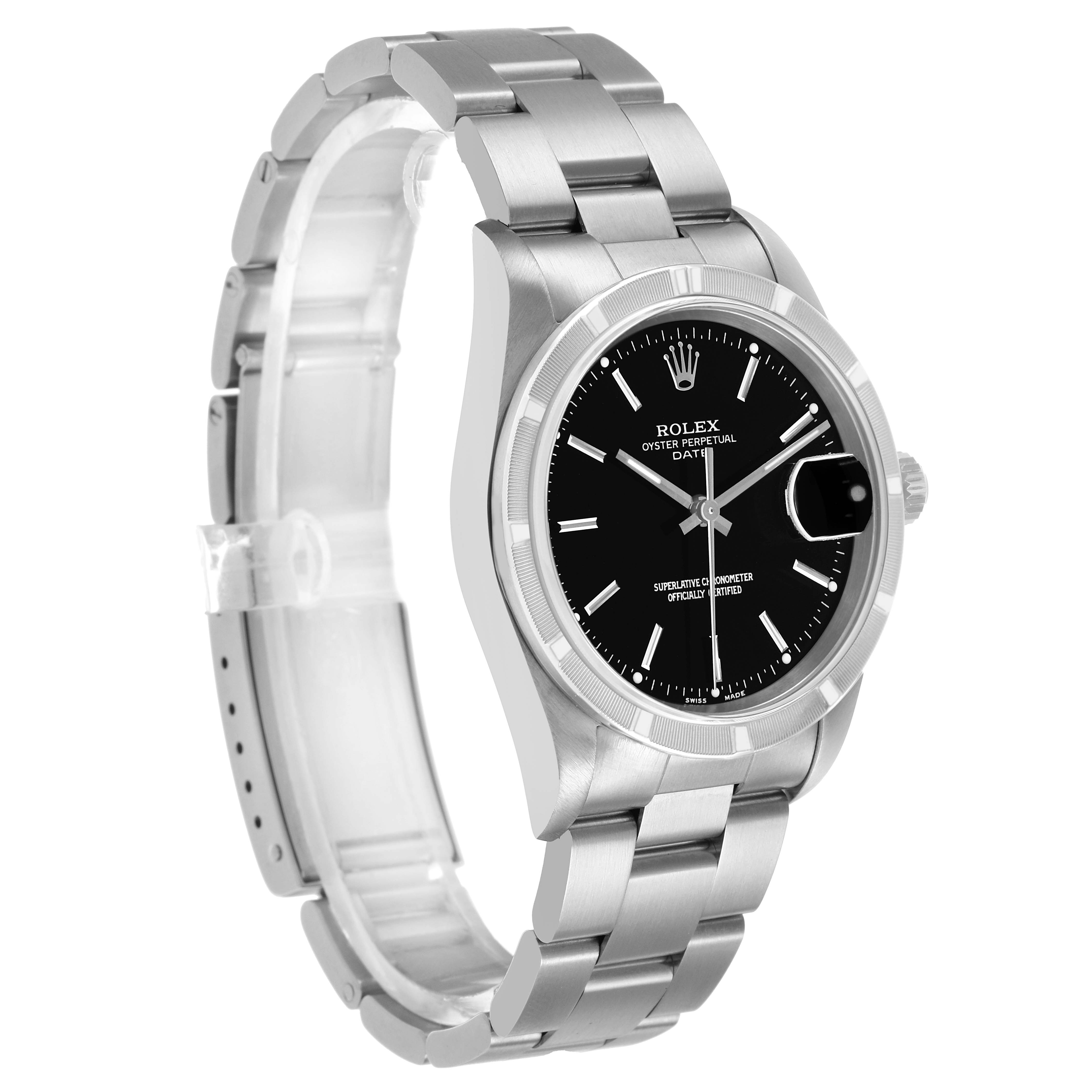 The Rolex Date 15210 Men's Stainless Steel Black Dial watch is shown at a three-quarter angle, highlighting the bracelet, bezel, dial, and crown.