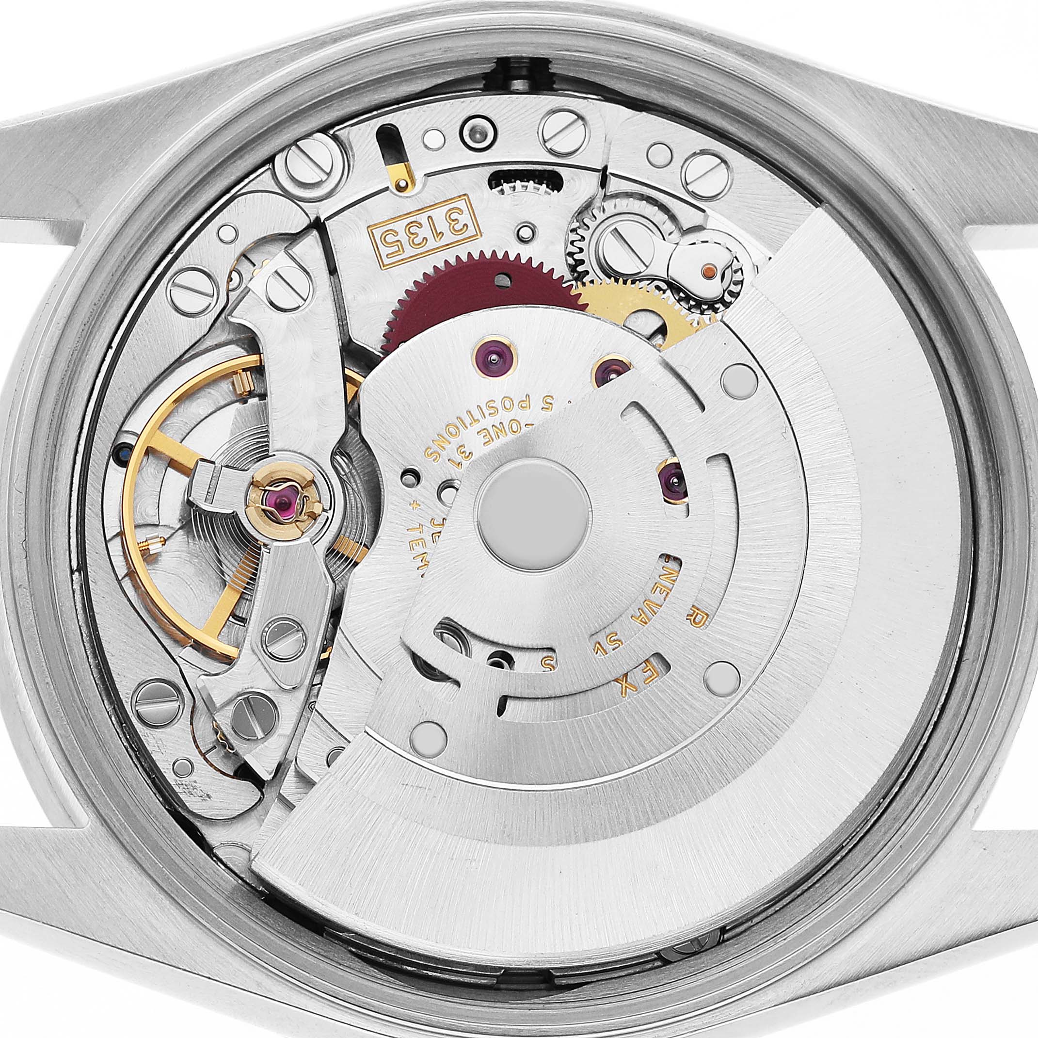 The image shows the inner movement mechanisms of a Rolex Date 15210 Men's Stainless Steel Black Dial model watch, viewed from the back.
