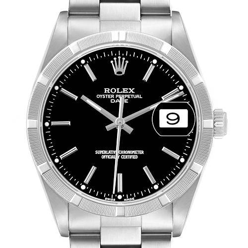 The image shows a Rolex Date 15210 Men's Stainless Steel Black Dial model watch from a straight-on perspective, highlighting the dial, hands, bezel, and bracelet.