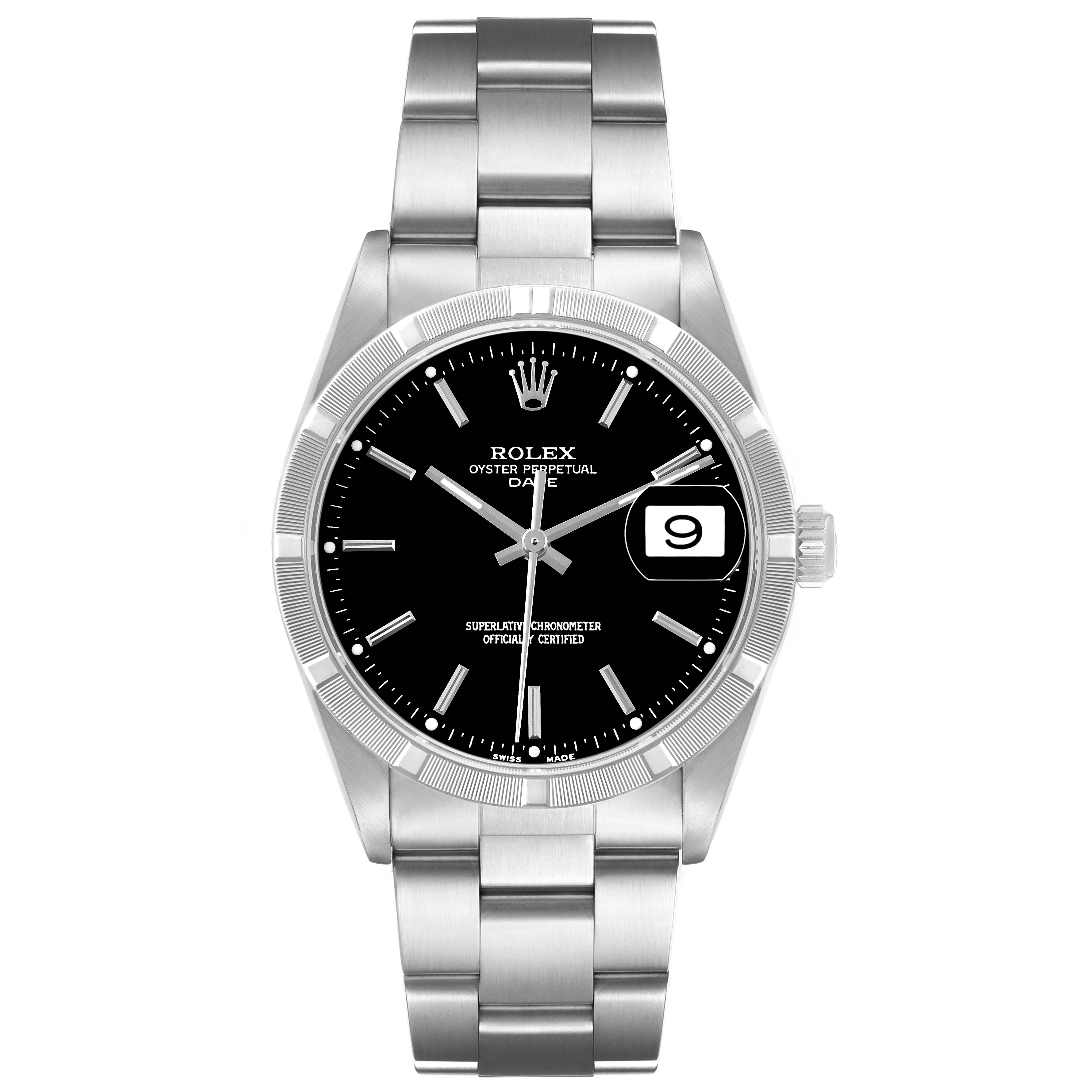 The Rolex Date 15210 Men's Stainless Steel Black Dial model is shown from a frontal angle, displaying the dial, bezel, case, and bracelet.