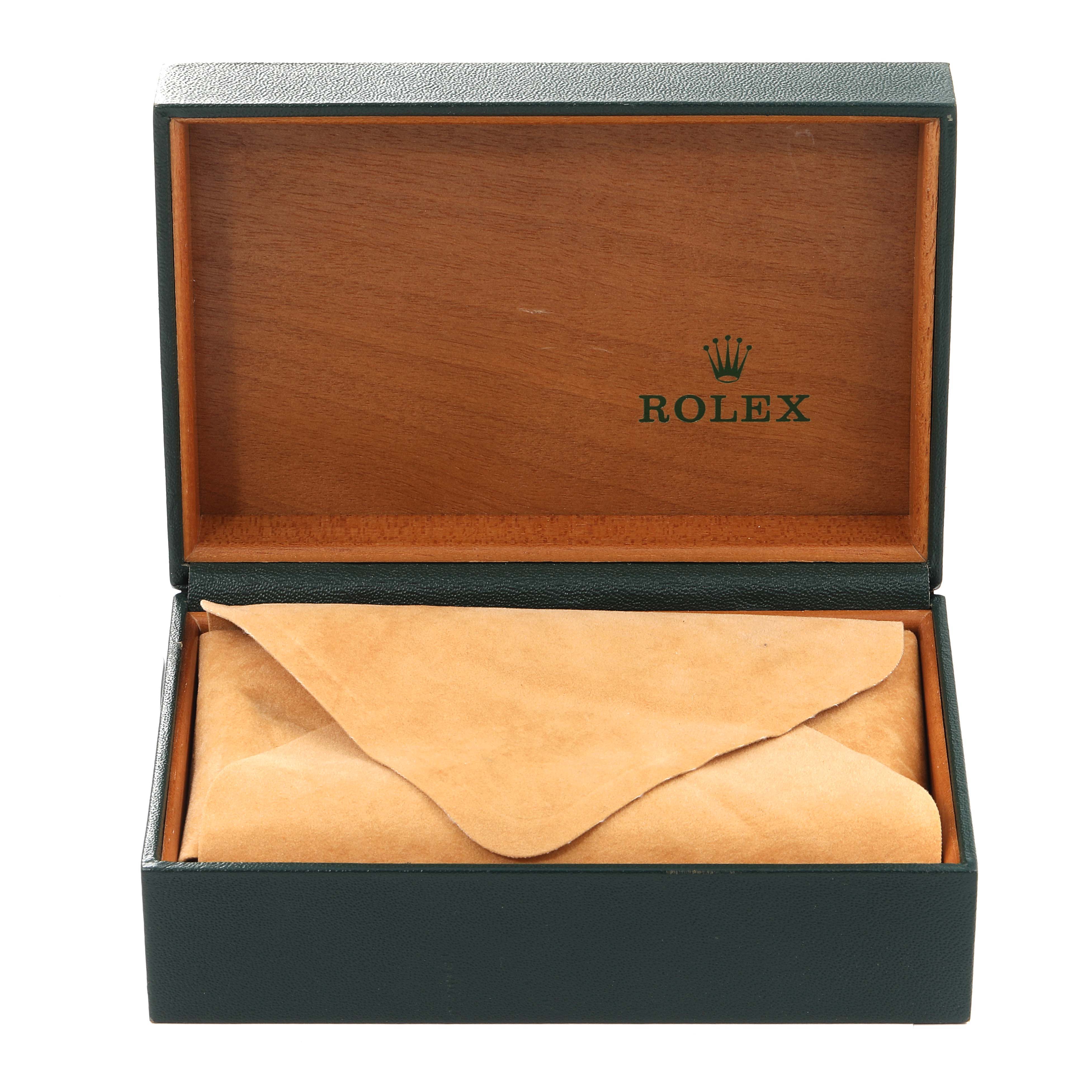 The image shows a Rolex Date 15223 Men's Steel and Gold (two tone) Grey Dial 15223 Men's Steel and Gold (two tone) Grey Dial model watch box, open, with the watch wrapped in a tan suede cloth inside the box.
