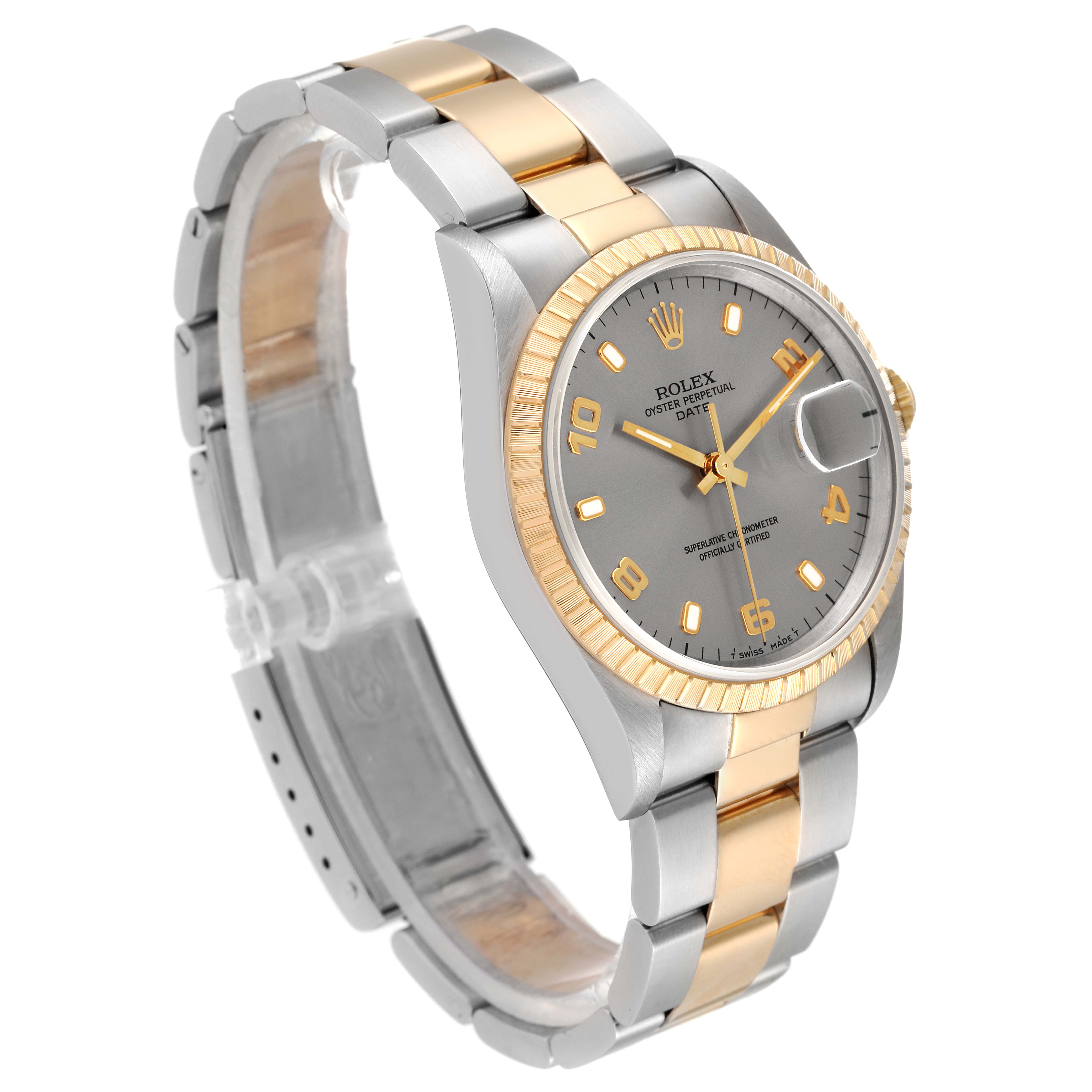 The Rolex Date 15223 Men's Steel and Gold (two tone) Grey Dial 15223 Men's Steel and Gold (two tone) Grey Dial watch is shown at a three-quarter angle, highlighting its gold and silver bracelet, bezel, and dial.