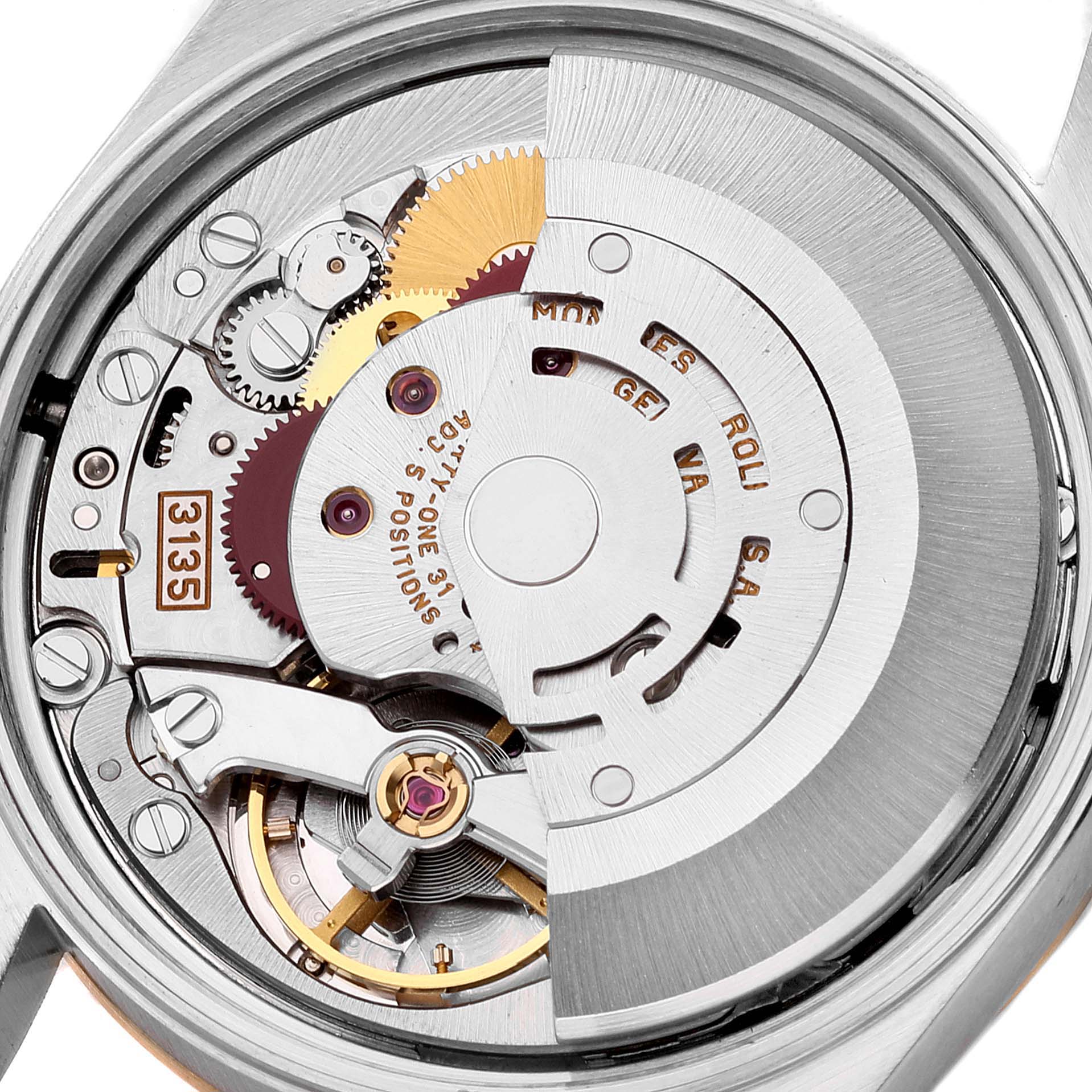 This image shows the exposed internal movement mechanism of a Rolex Date 15223 Men's Steel and Gold (two tone) Grey Dial 15223 Men's Steel and Gold (two tone) Grey Dial model watch, including gears and cogs.