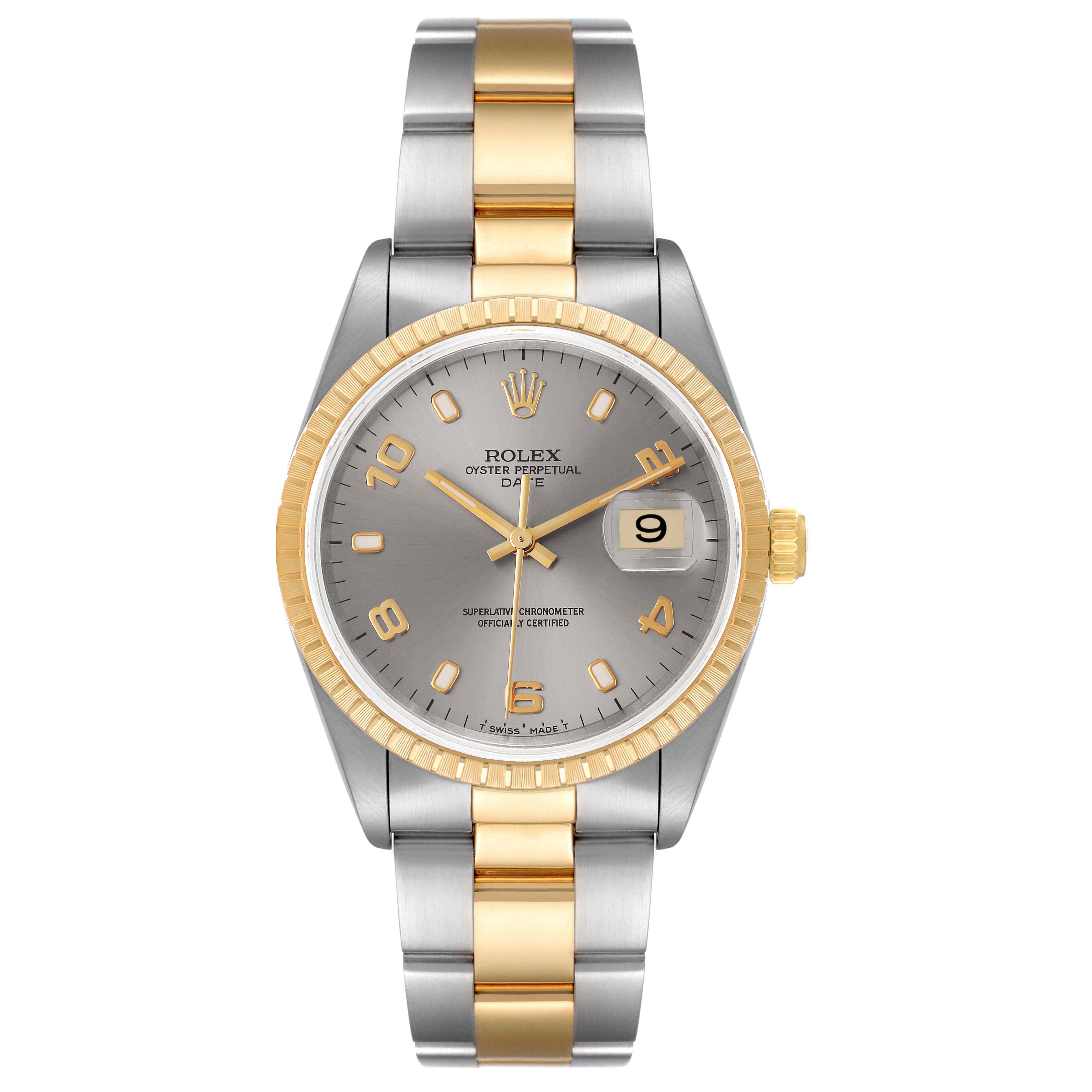 This image shows a front view of the Rolex Date 15223 Men's Steel and Gold (two tone) Grey Dial 15223 Men's Steel and Gold (two tone) Grey Dial model watch, displaying its two-tone bracelet, bezel, dial, and date window.