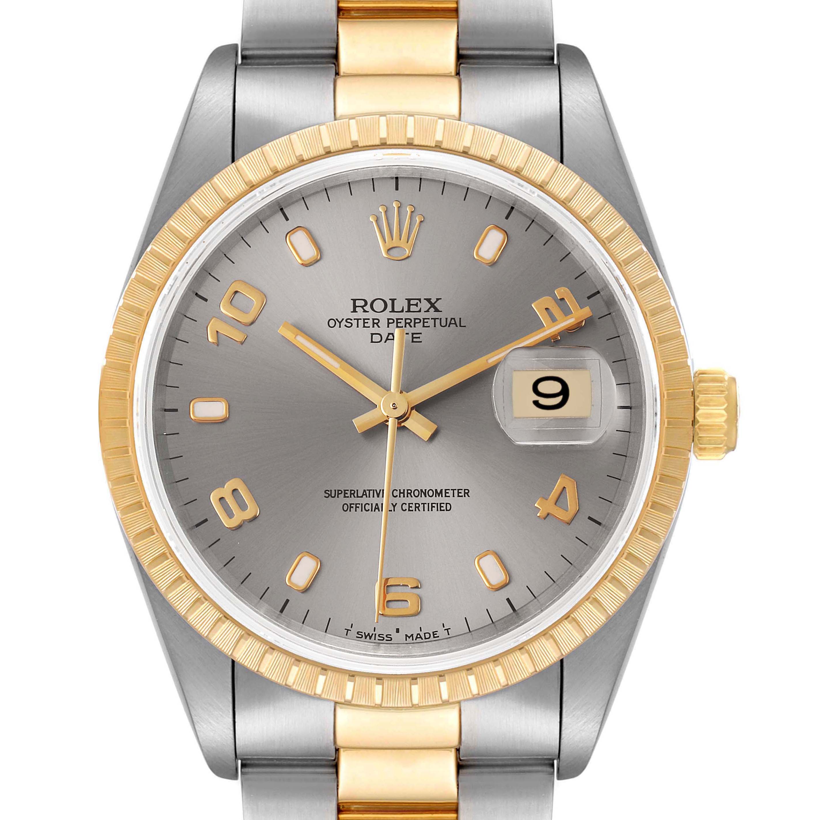 This image shows a direct front view of a Rolex Date 15223 Men's Steel and Gold (two tone) Grey Dial 15223 Men's Steel and Gold (two tone) Grey Dial model watch, highlighting its face, bezel, crown, and part of the bracelet.