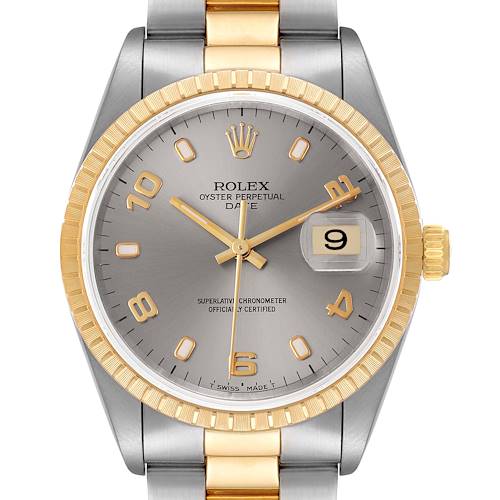 Photo of Rolex Date Steel Yellow Gold Slate Dial Mens Watch 15223