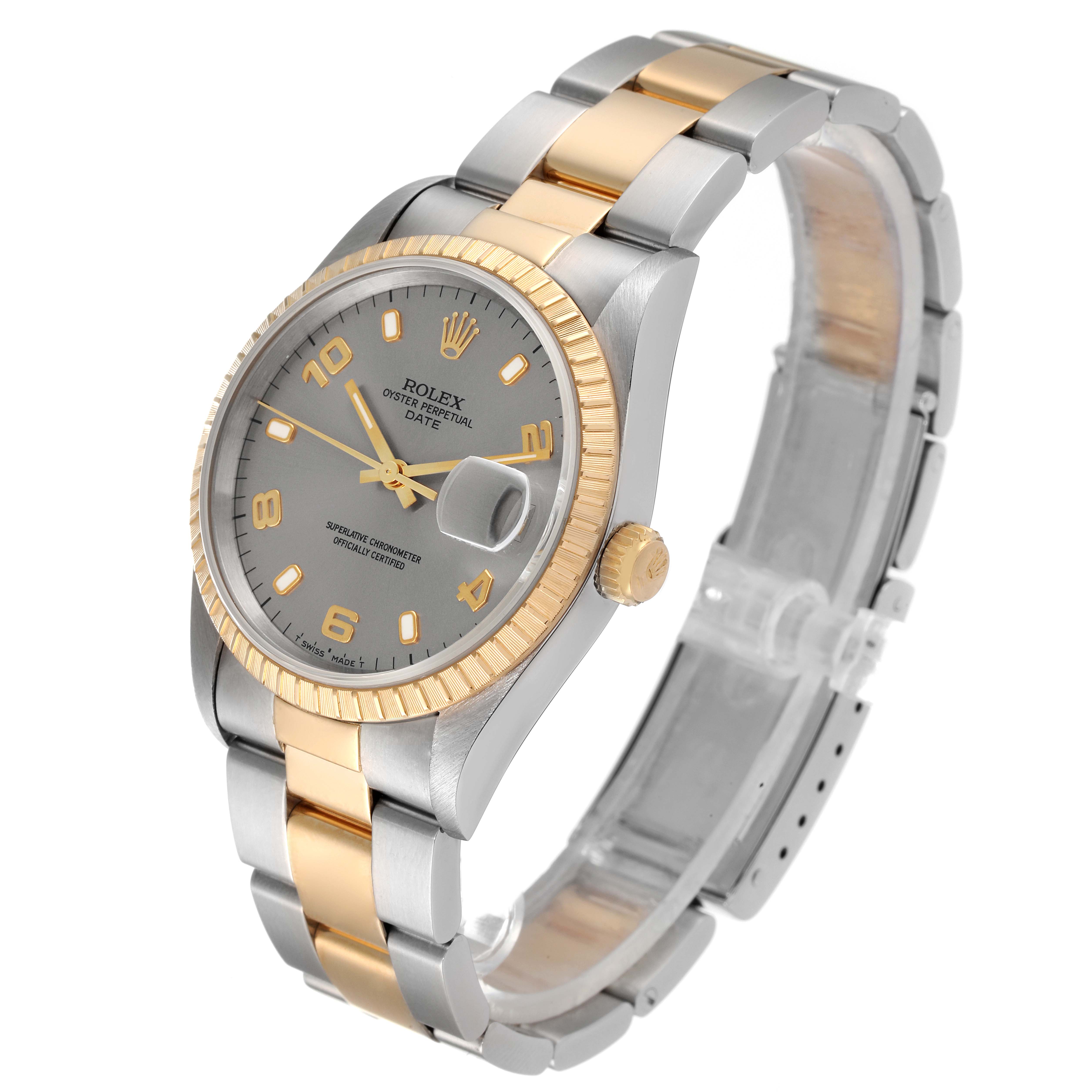 The image shows a Rolex Date 15223 Men's Steel and Gold (two tone) Grey Dial 15223 Men's Steel and Gold (two tone) Grey Dial model watch at an angle highlighting its face, bezel, crown, and bracelet.