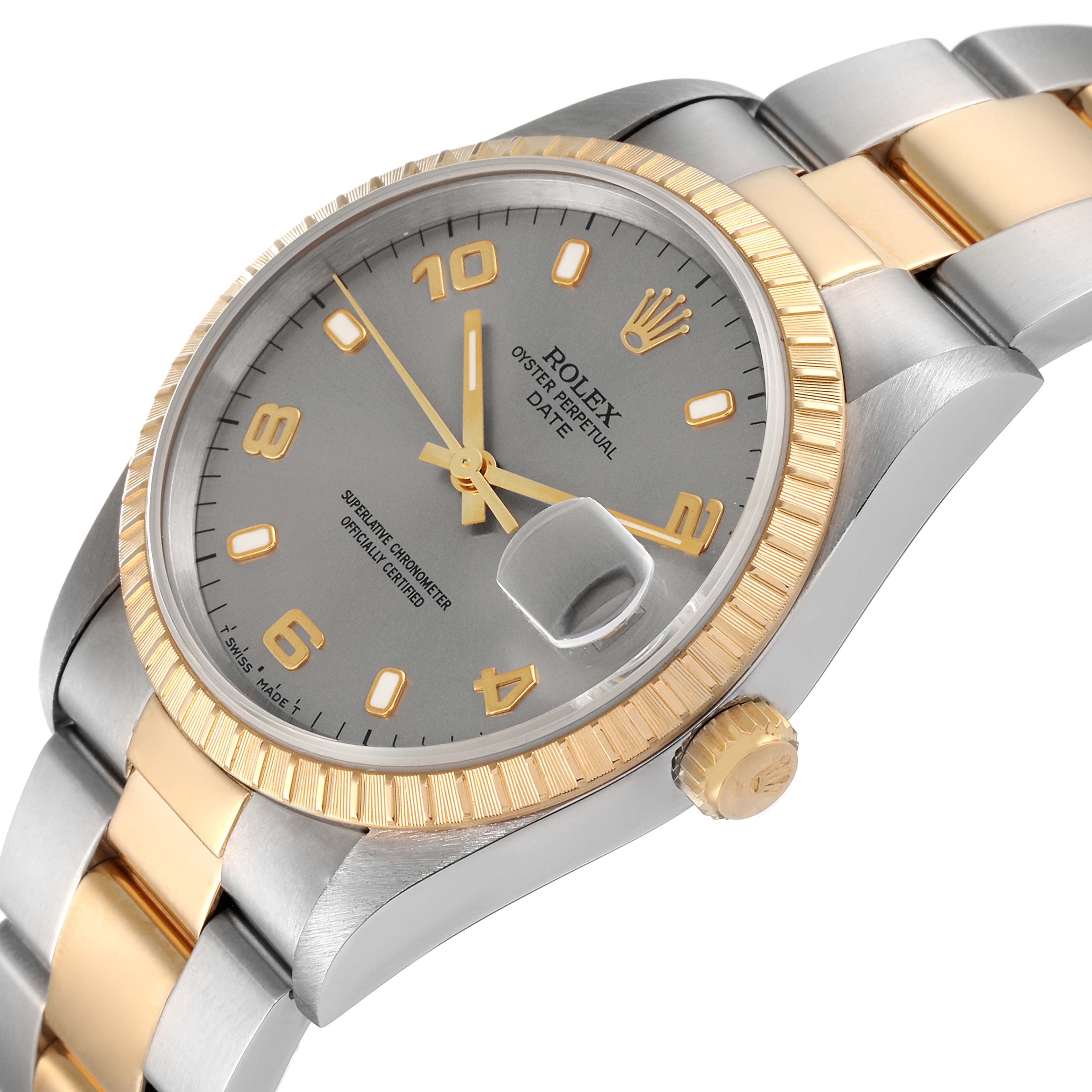 The image shows a close-up angle of a Rolex Date 15223 Men's Steel and Gold (two tone) Grey Dial 15223 Men's Steel and Gold (two tone) Grey Dial model watch, highlighting the dial, crown, bezel, and part of the bracelet.