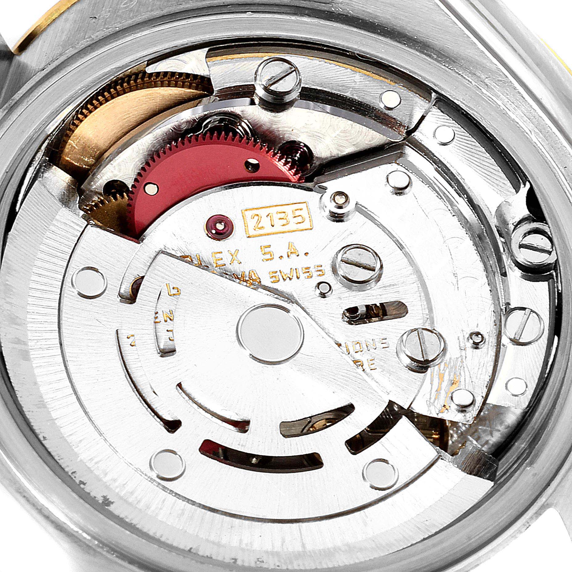 This image shows the inner mechanical movement of the Rolex Datejust 69173 Women
s Steel and Gold (two tone) Champagne Dial 69173 Women
s Steel and Gold (two tone) Champagne Dial watch, viewed from the back.