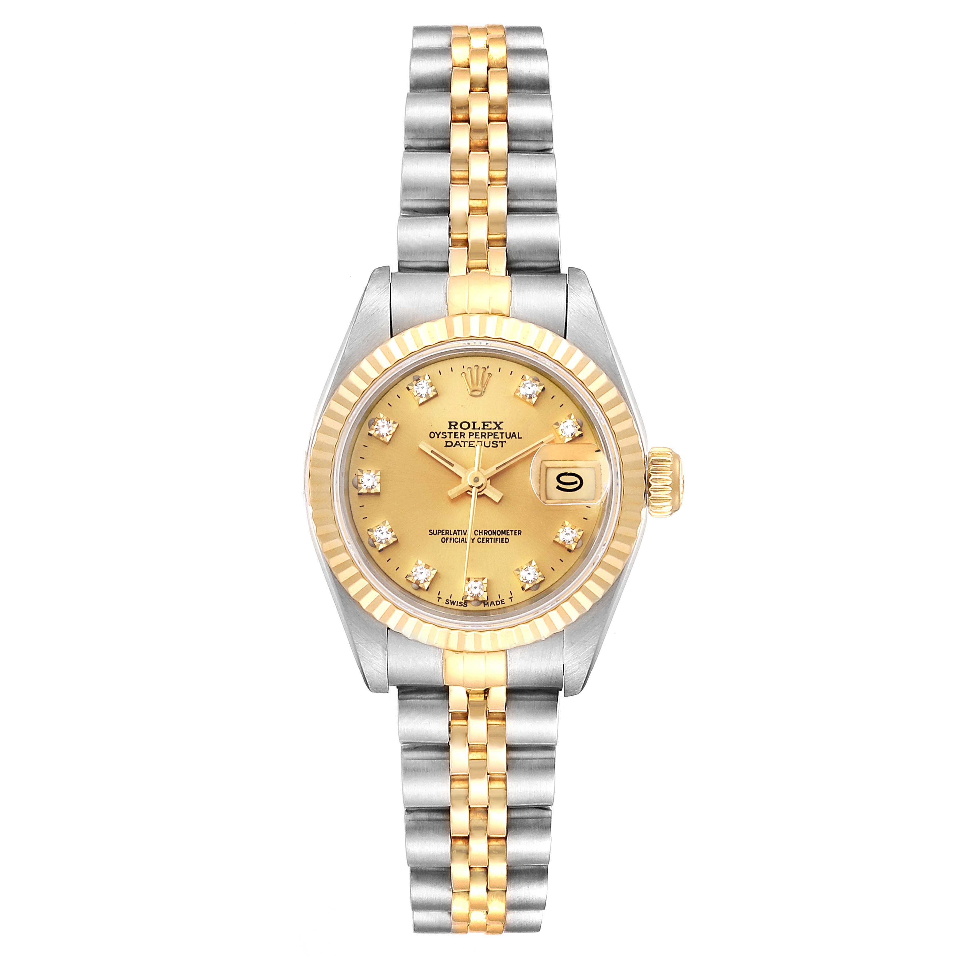 The image shows a Rolex Datejust 69173 Women
s Steel and Gold (two tone) Champagne Dial 69173 Women
s Steel and Gold (two tone) Champagne Dial watch from the front angle, highlighting its face, bezel, bracelet, and crown.