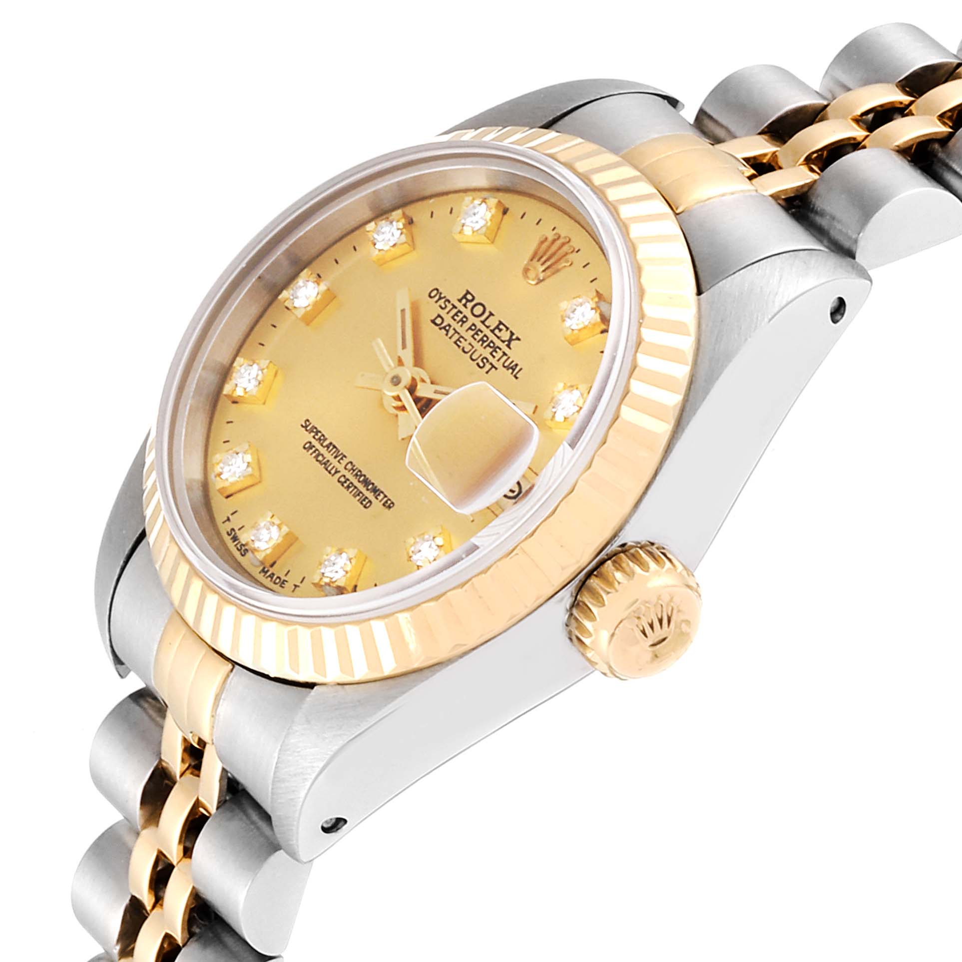 The image shows a side angle of the Rolex Datejust 69173 Women
s Steel and Gold (two tone) Champagne Dial 69173 Women
s Steel and Gold (two tone) Champagne Dial watch displaying the bezel, crown, and part of the bracelet.
