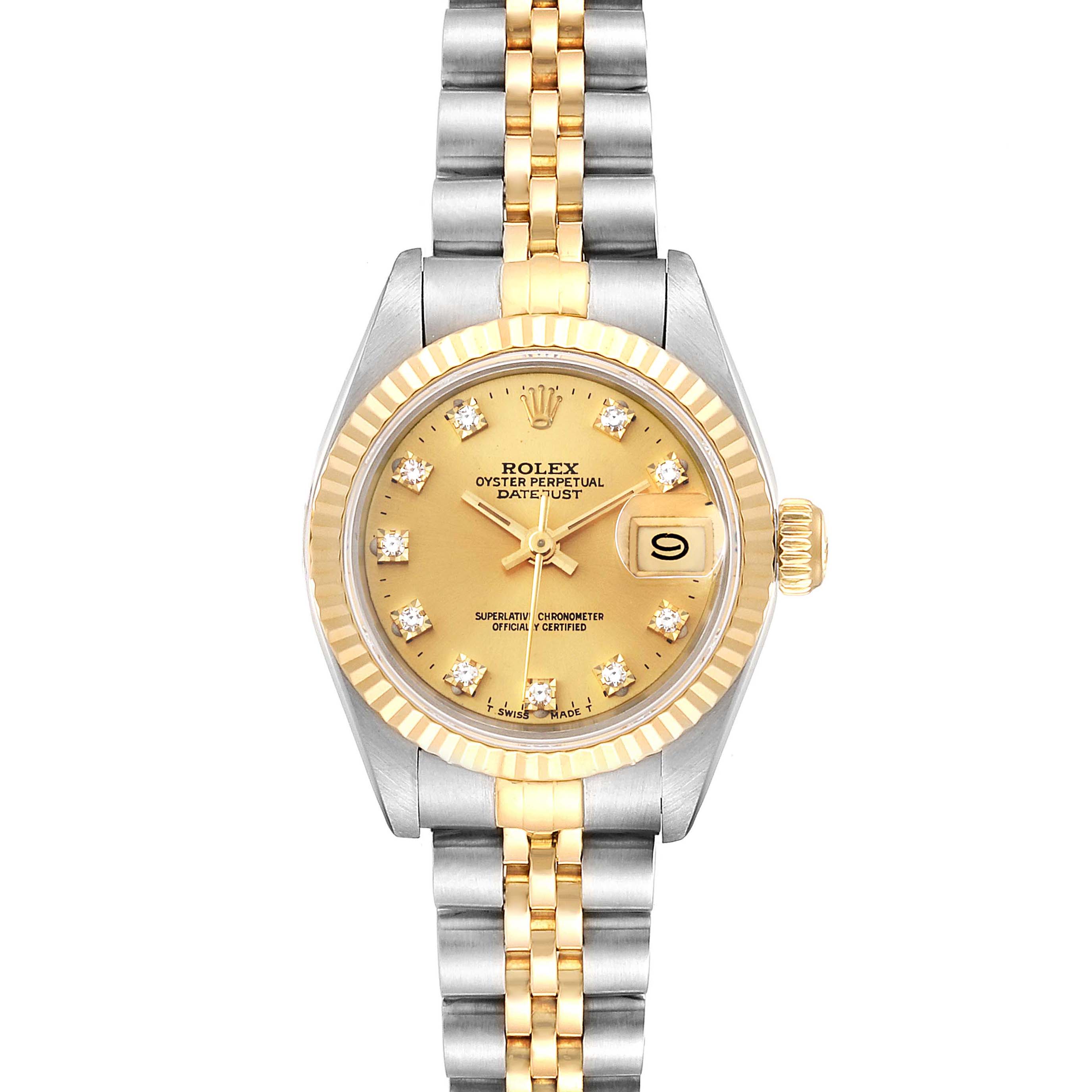The image shows a front view of a Rolex Datejust 69173 Women
s Steel and Gold (two tone) Champagne Dial 69173 Women
s Steel and Gold (two tone) Champagne Dial watch, highlighting the gold dial, date window, and two-tone bracelet.
