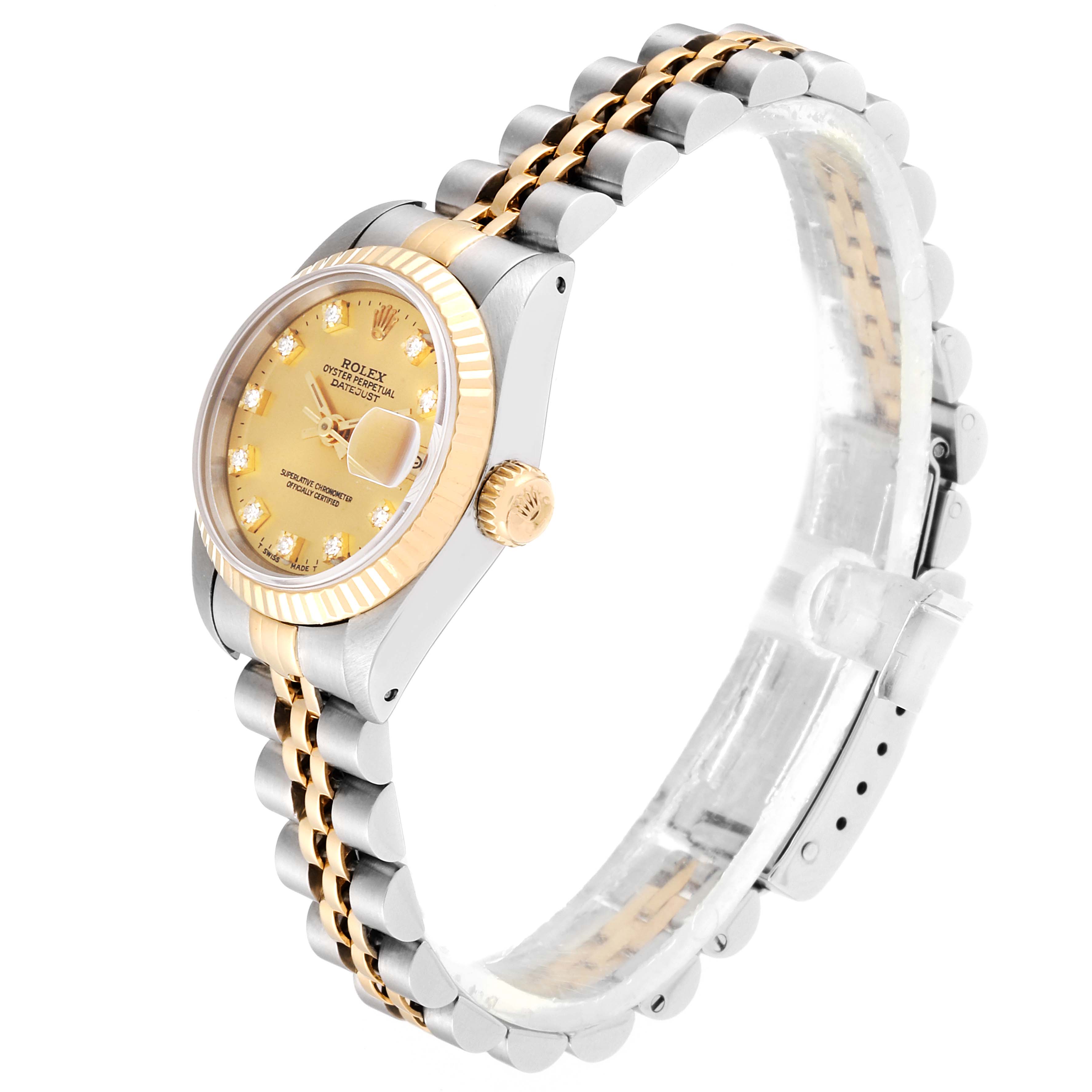 This image shows a side angle of the Rolex Datejust 69173 Women
s Steel and Gold (two tone) Champagne Dial 69173 Women
s Steel and Gold (two tone) Champagne Dial watch, highlighting the case, bezel, dial, crown, and bracelet.